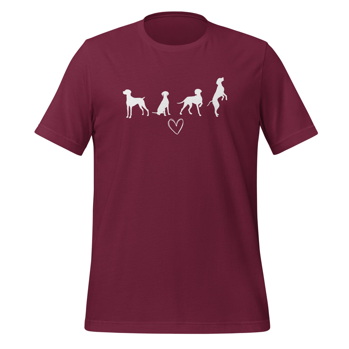 Marroon T-shirt met wit silhouet van vier Vizsla-honden en hartje, geschikt voor hondenliefhebbers