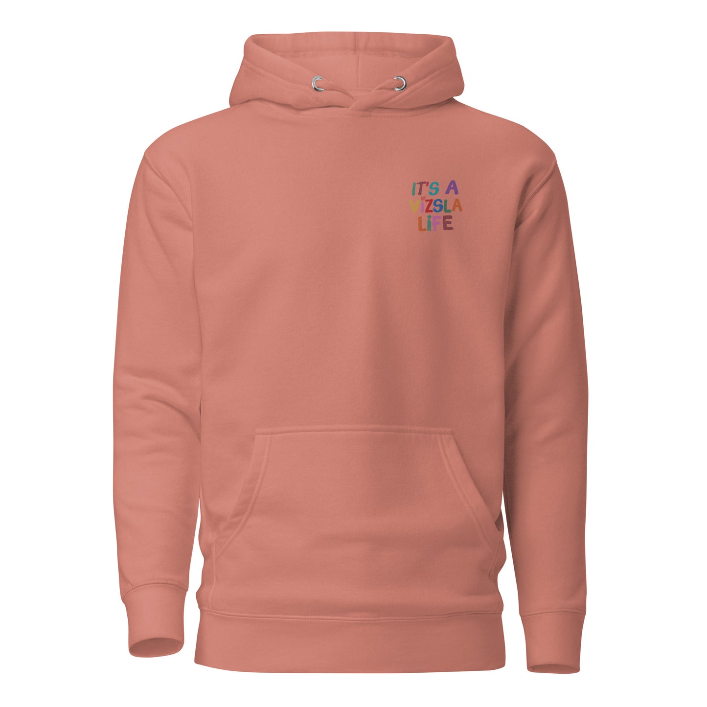 roze hoodie trui met ‘It’s a Vizsla Life’ op de borst – comfortabele trui voor Vizsla liefhebbers.