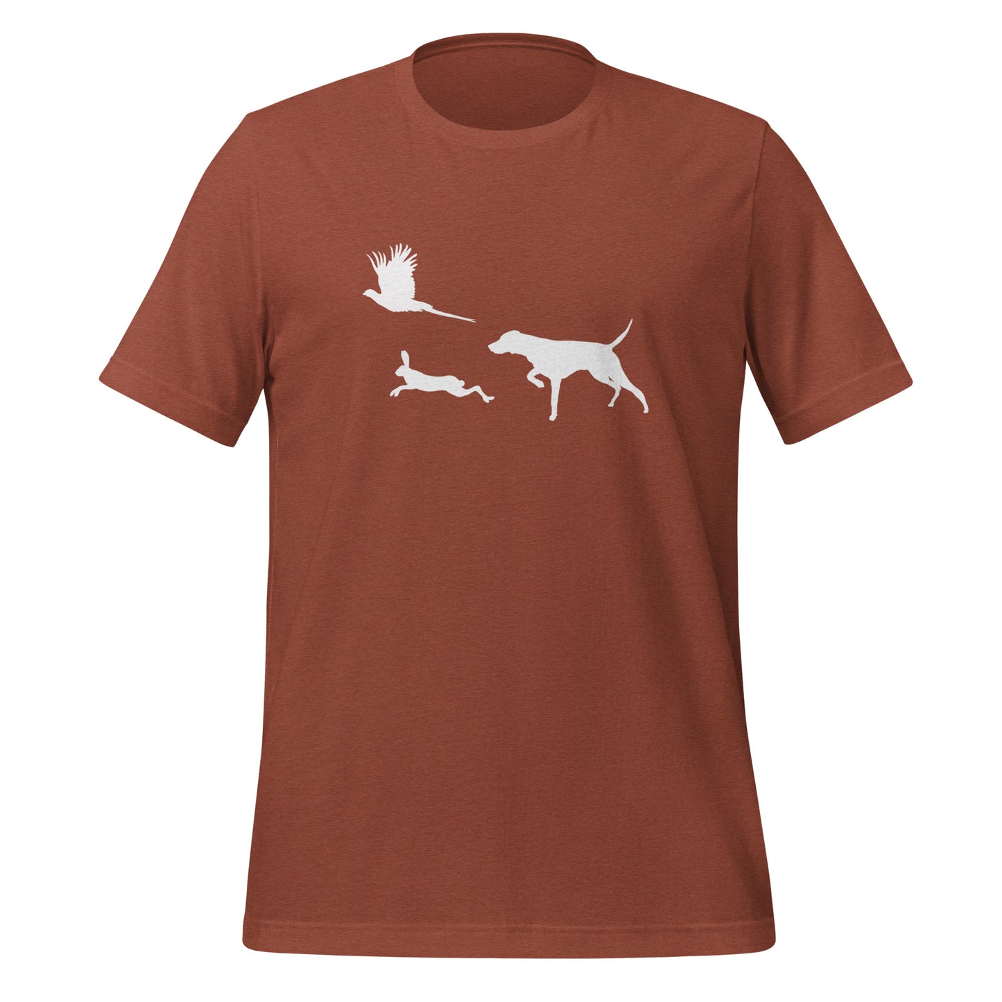 klei bruin t-shirt met vizsla in voorststaande houding, haas en fazant – stijlvol shirt voor jachthondenliefhebbers
