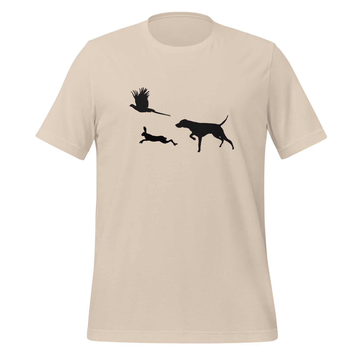 soft cream beige t-shirt met vizsla in voorststaande houding, haas en fazant – stijlvol shirt voor jachthondenliefhebbers