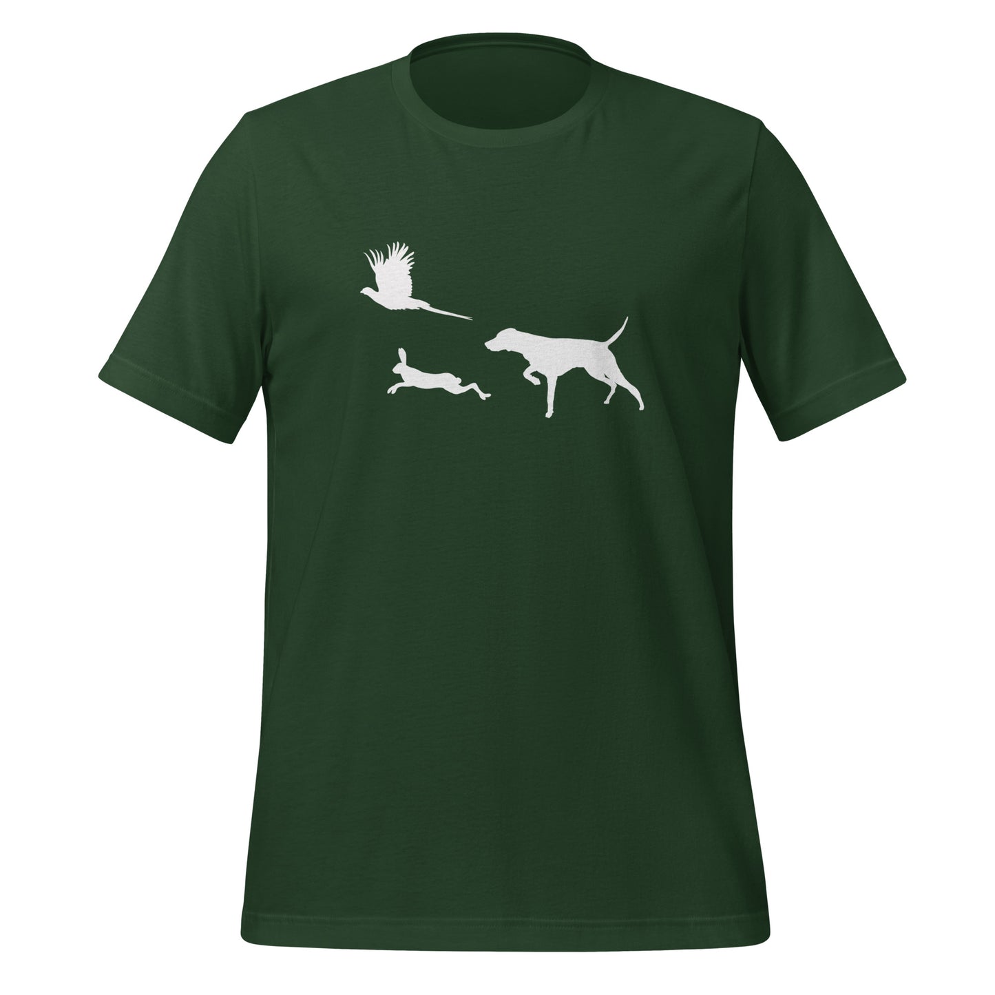 groen t-shirt met vizsla in voorststaande houding, haas en fazant – stijlvol shirt voor jachthondenliefhebbers