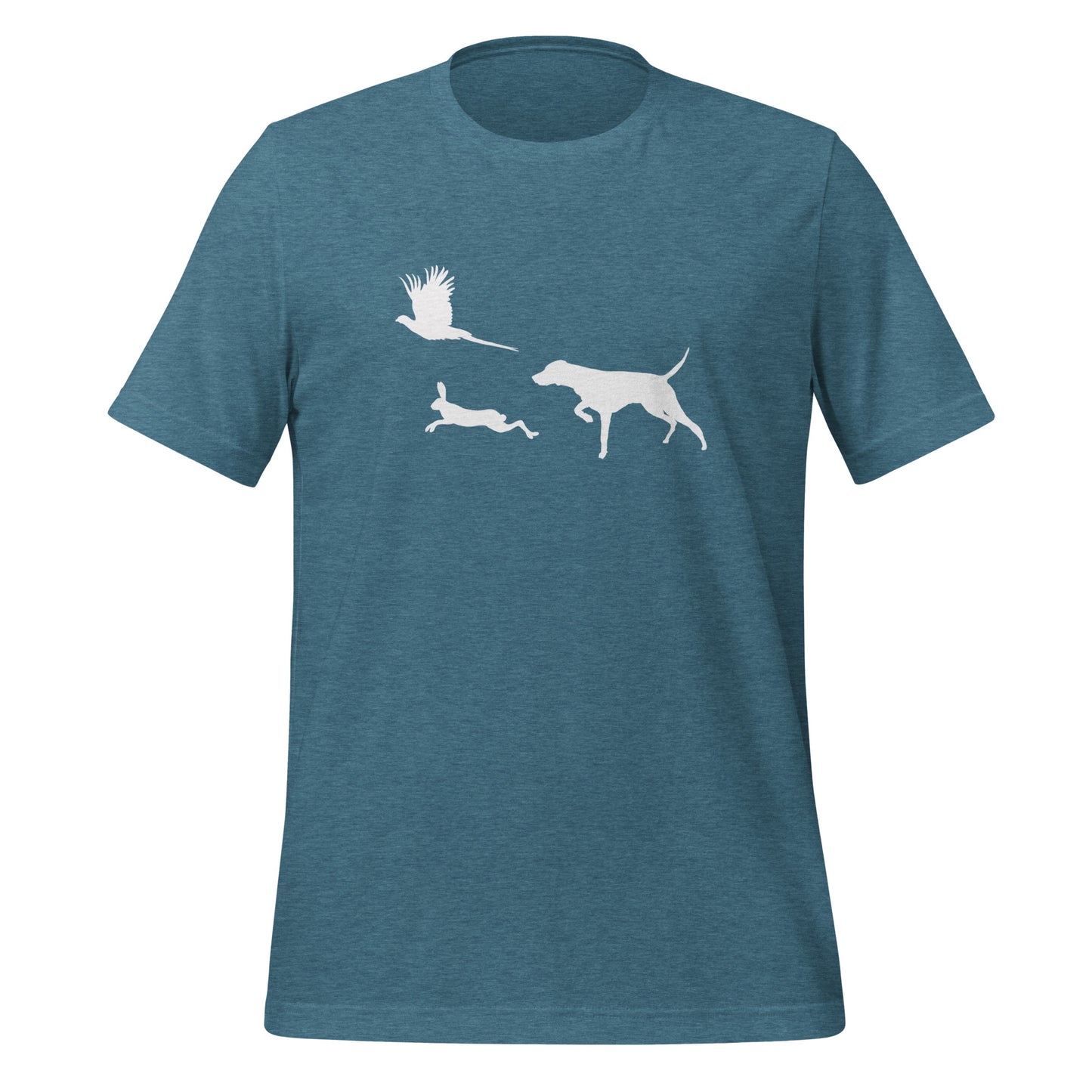 heather licht blauw t-shirt met vizsla in voorststaande houding, haas en fazant – stijlvol shirt voor jachthondenliefhebbers
