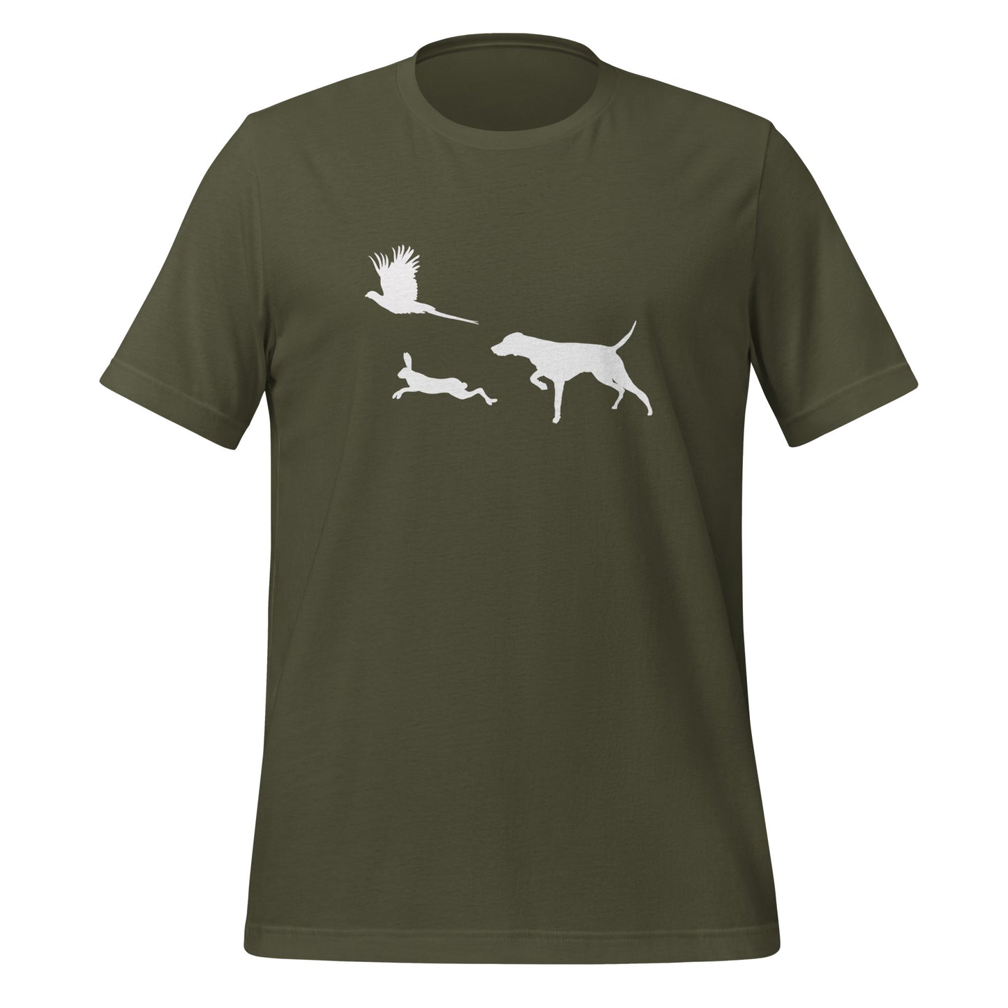 leger groen t-shirt met vizsla in voorststaande houding, haas en fazant – stijlvol shirt voor jachthondenliefhebbers