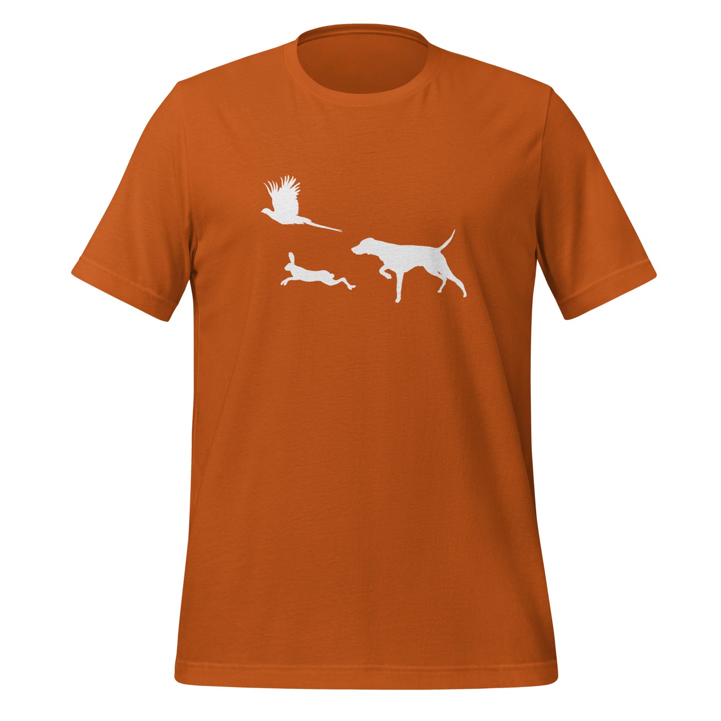 oranje t-shirt met vizsla in voorststaande houding, haas en fazant – stijlvol shirt voor jachthondenliefhebbers