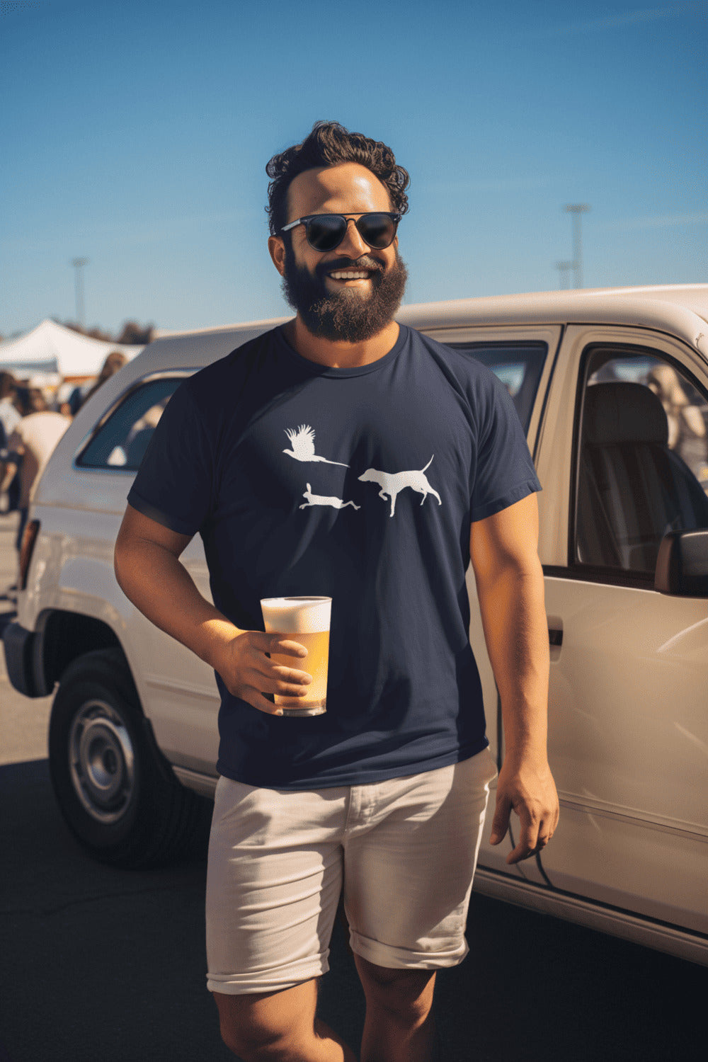 Man in navy blauw T-shirt met Vizsla in voorststaande houding, haas en fazant – stijlvol shirt voor jachthondenliefhebbers