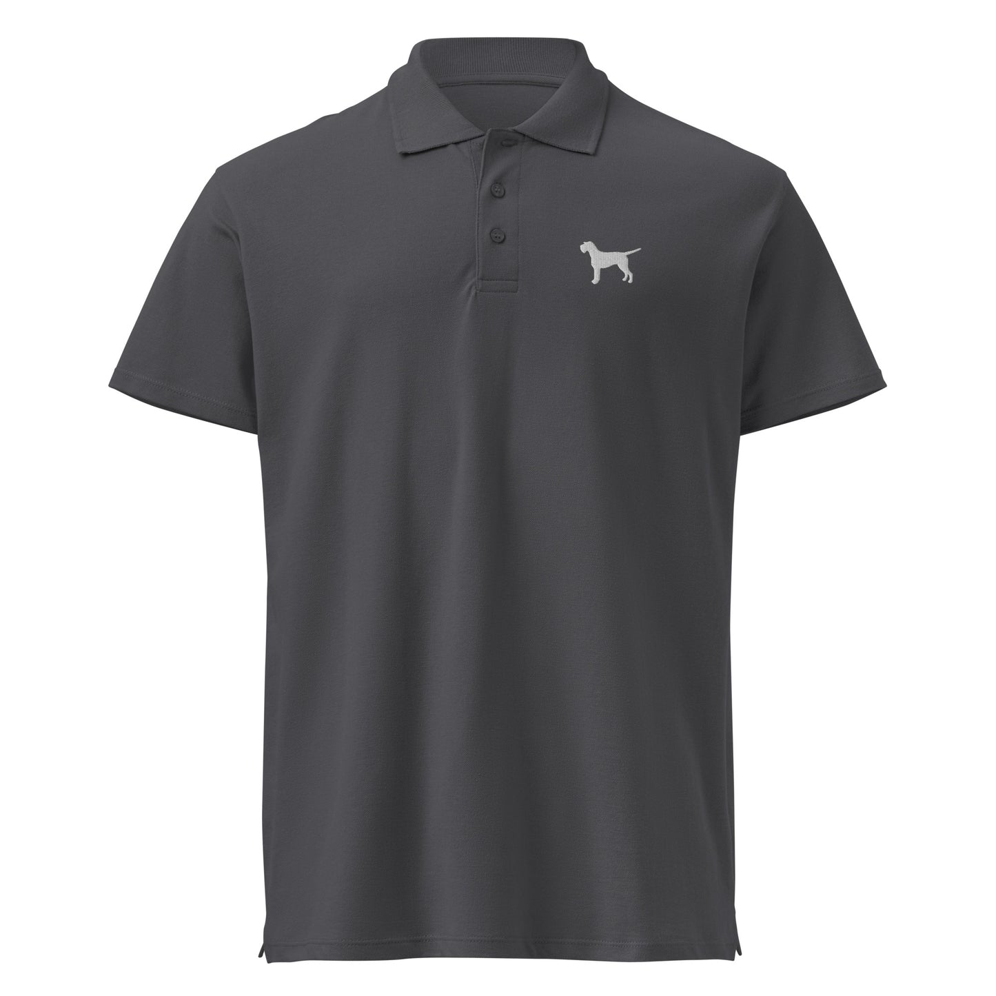 Grijze unisex polo met zilver grijze geborduurde duitse staande draadhaar op de borst – jachthondenstijl met een premium uitstraling.