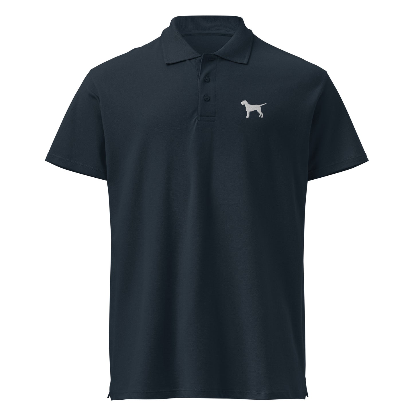 Blauwe unisex polo met zilver grijze geborduurde duitse staande draadhaar op de borst – jachthondenstijl met een premium uitstraling.
