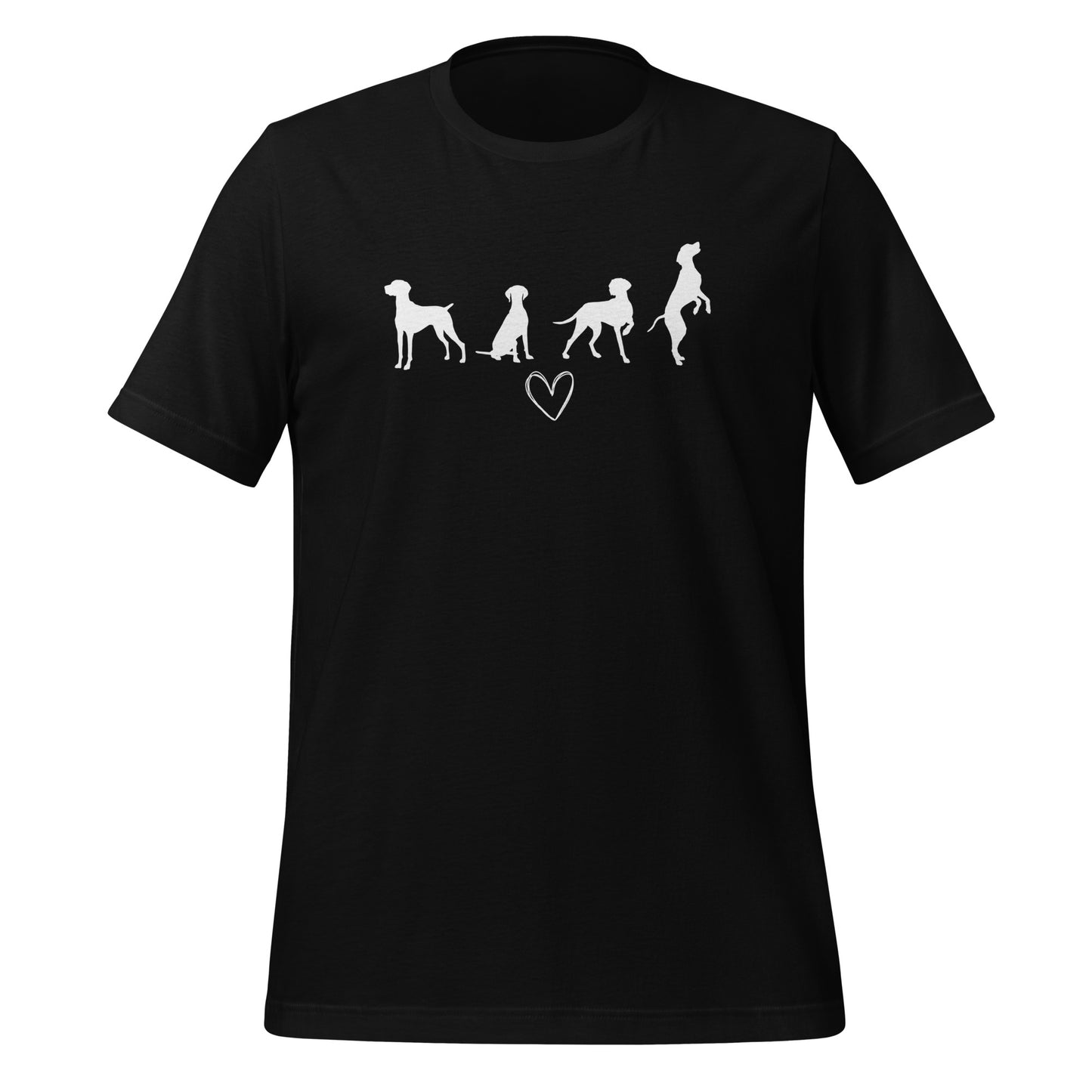zwart T-shirt met wit silhouet van vier Vizsla honden en hartje, geschikt voor hondenliefhebbers