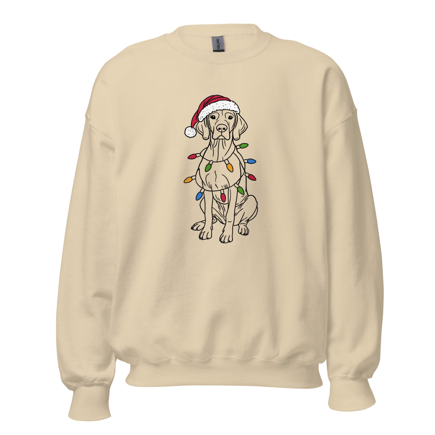 Beige vizsla kersttrui met kerstmuts en kerstlichtjes