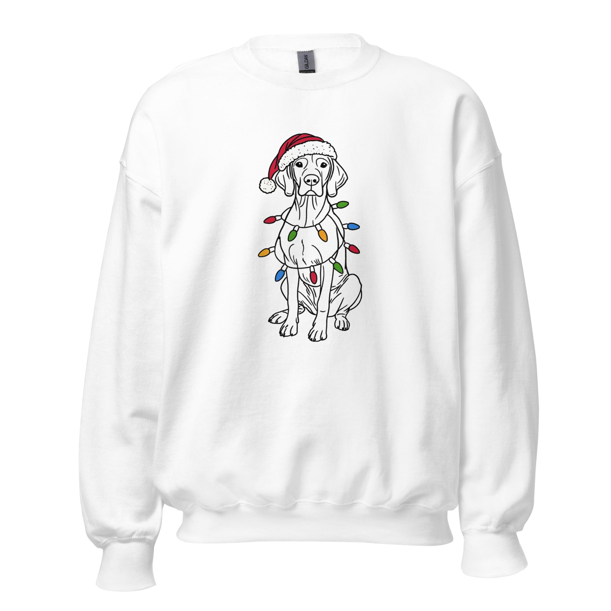 Witte vizsla kersttrui met kerstmuts en kerstlichtjes