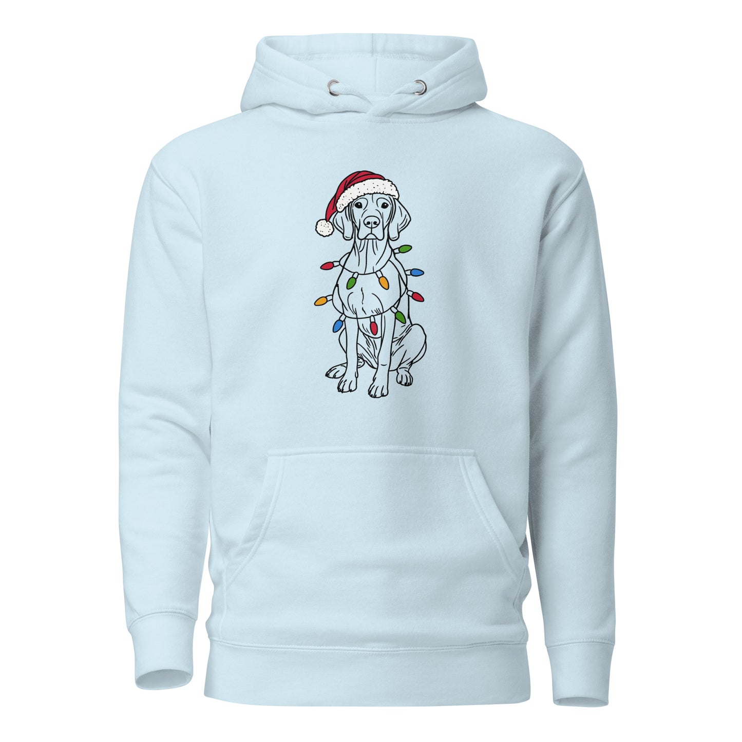 Licht blauwe vizsla kersttrui hoodie met kerstmuts en kerstlichtjes
