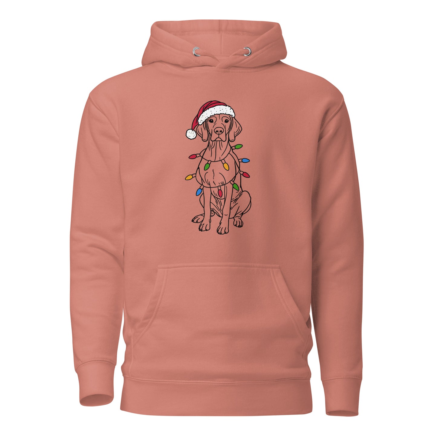 Roze vizsla kersttrui hoodie met kerstmuts en kerstlichtjes