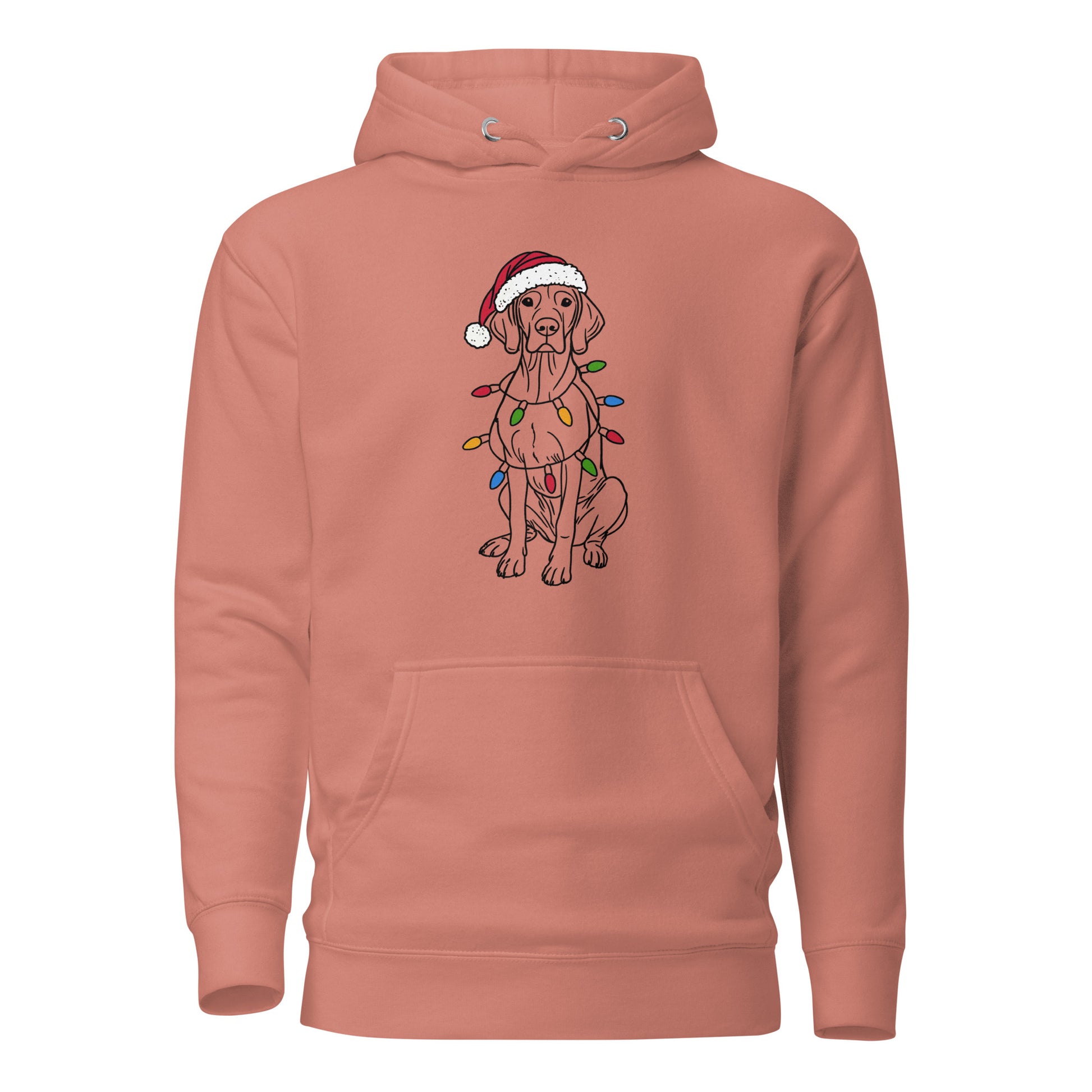 Roze vizsla kersttrui hoodie met kerstmuts en kerstlichtjes