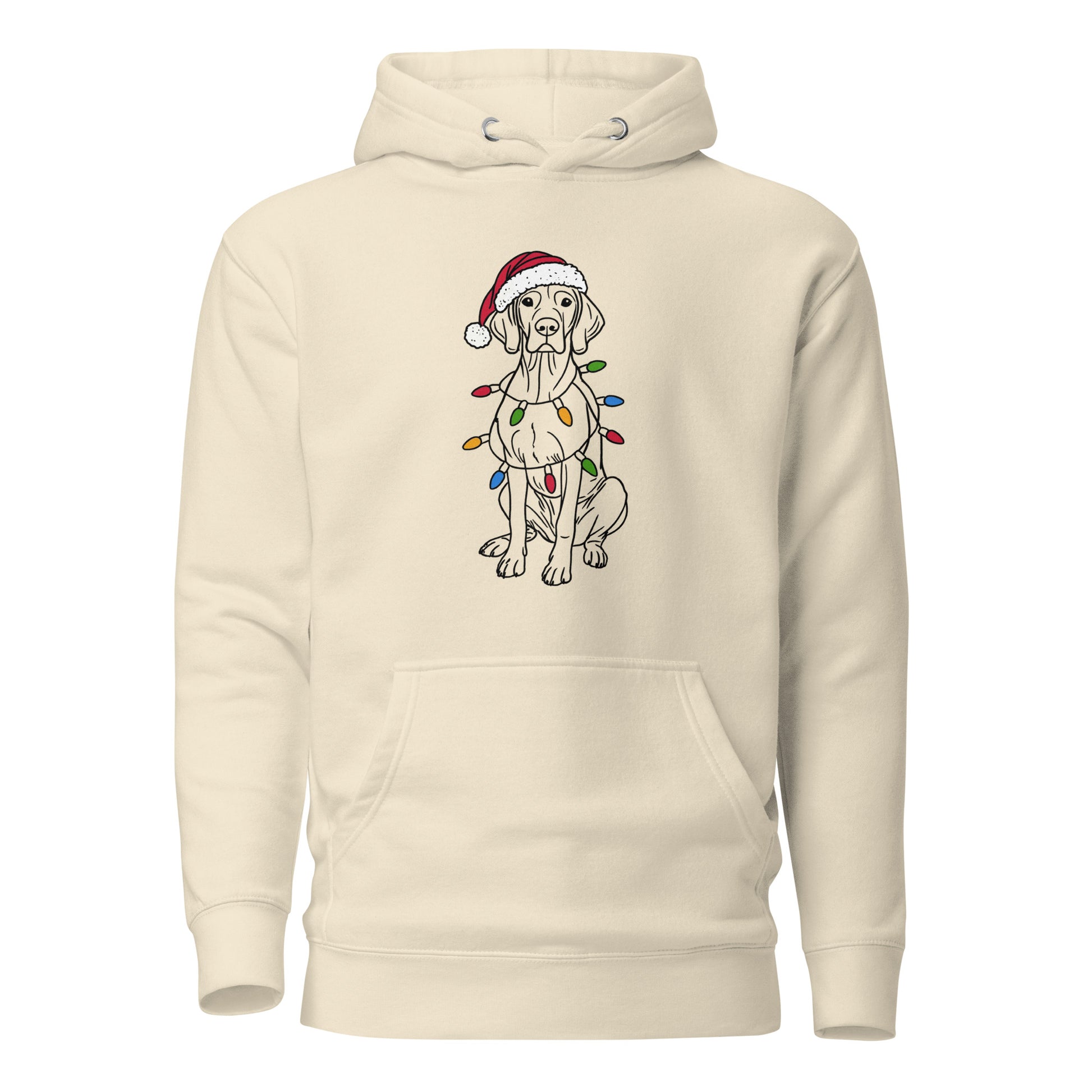 Beige vizsla kersttrui hoodie met kerstmuts en kerstlichtjes