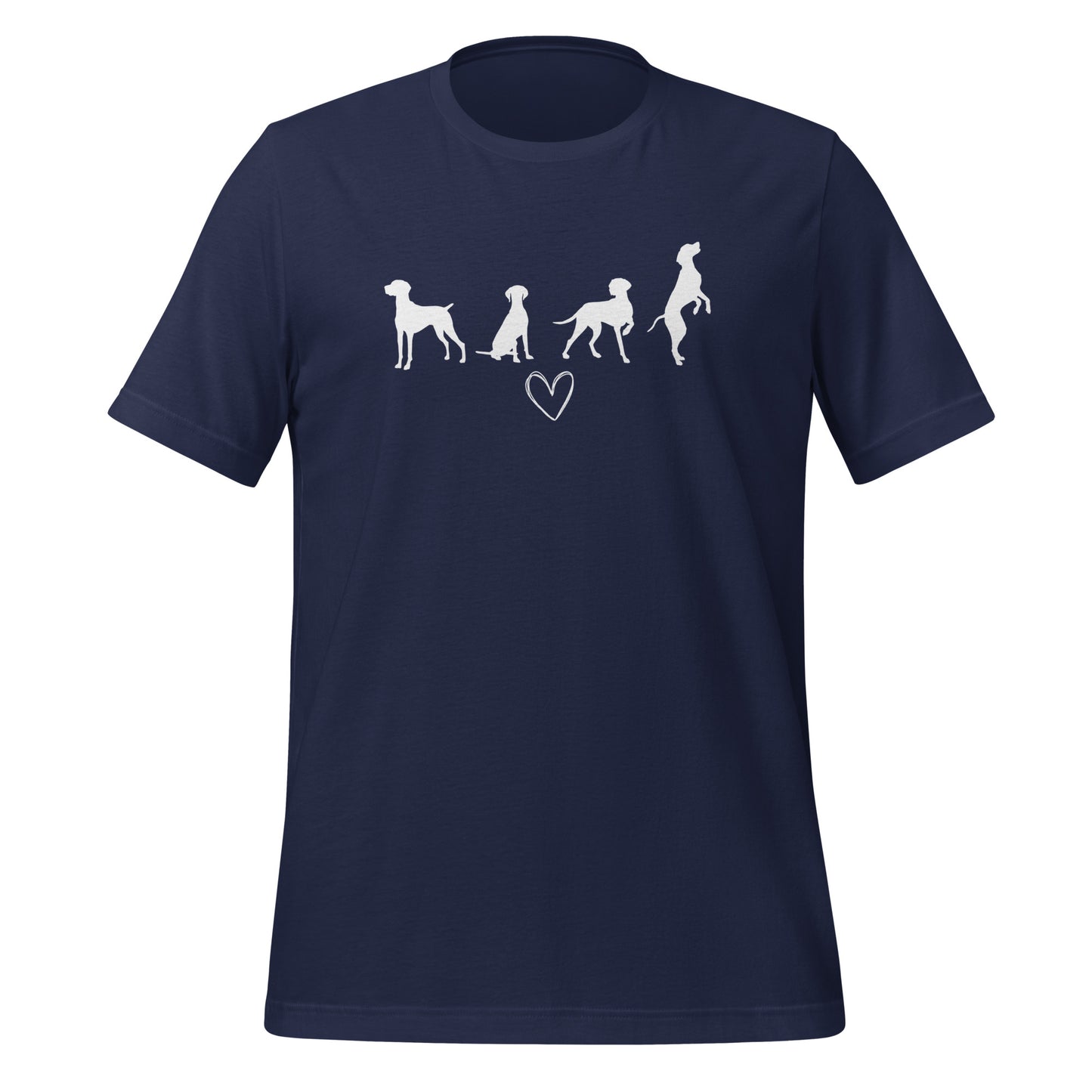 Navy blue blauw T-shirt met wit silhouet van vier Vizsla-honden en hartje, geschikt voor hondenliefhebbers