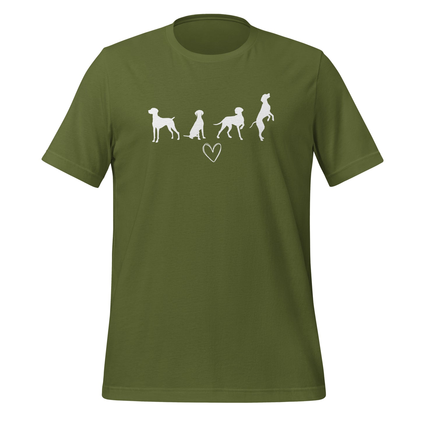 Olive groen T-shirt met wit silhouet van vier Vizsla honden en hartje, geschikt voor hondenliefhebbers.