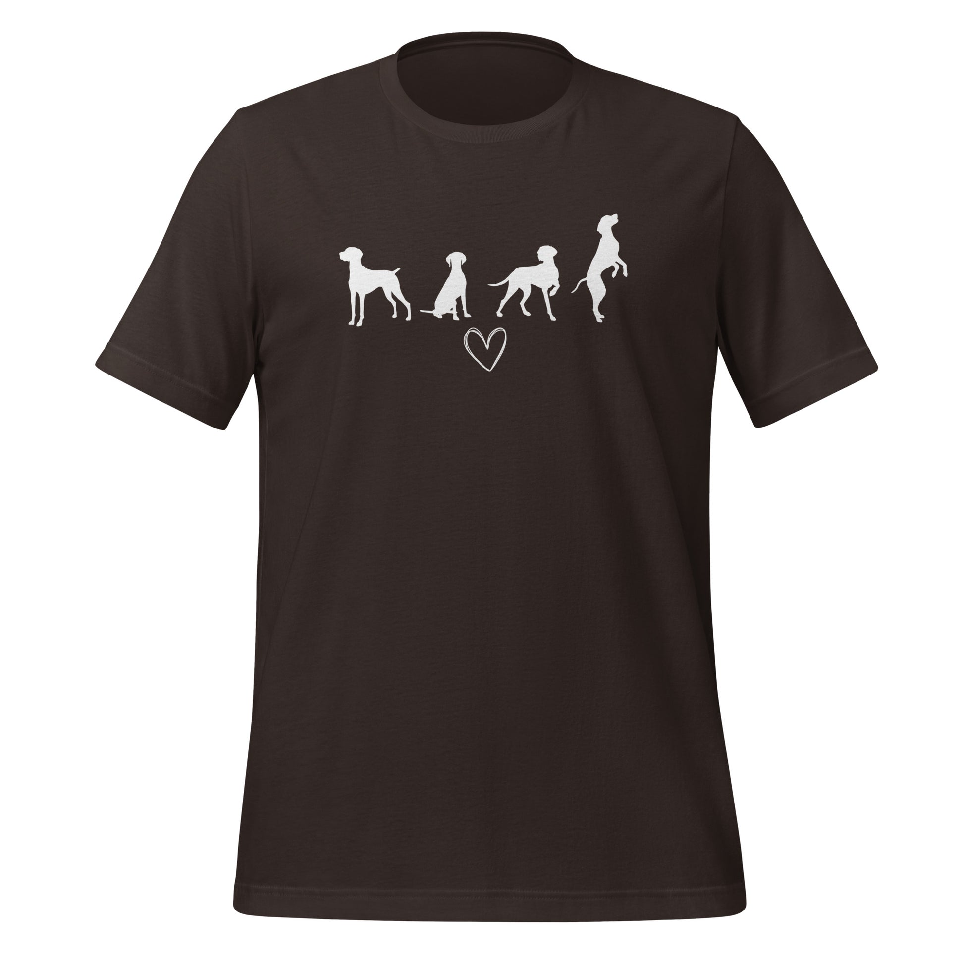 donker bruin T-shirt met wit silhouet van vier Vizsla-honden en hartje, geschikt voor hondenliefhebbers