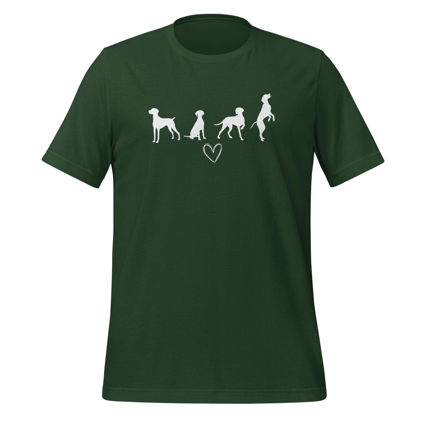 groen T-shirt met wit silhouet van vier Vizsla-honden en hartje, geschikt voor hondenliefhebbers