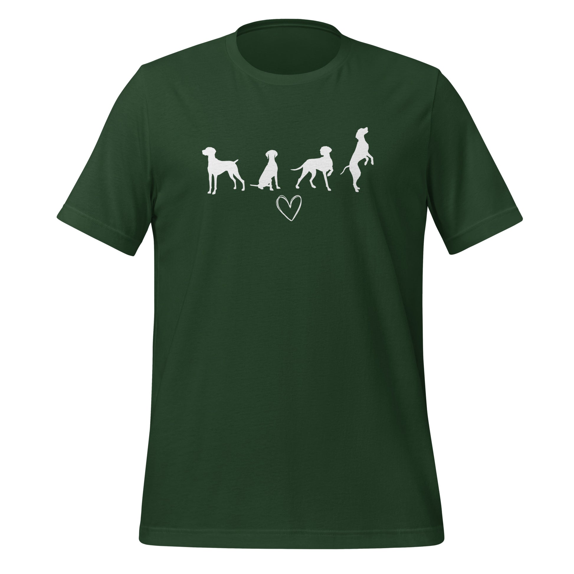 groen T-shirt met wit silhouet van vier Vizsla-honden en hartje, geschikt voor hondenliefhebbers