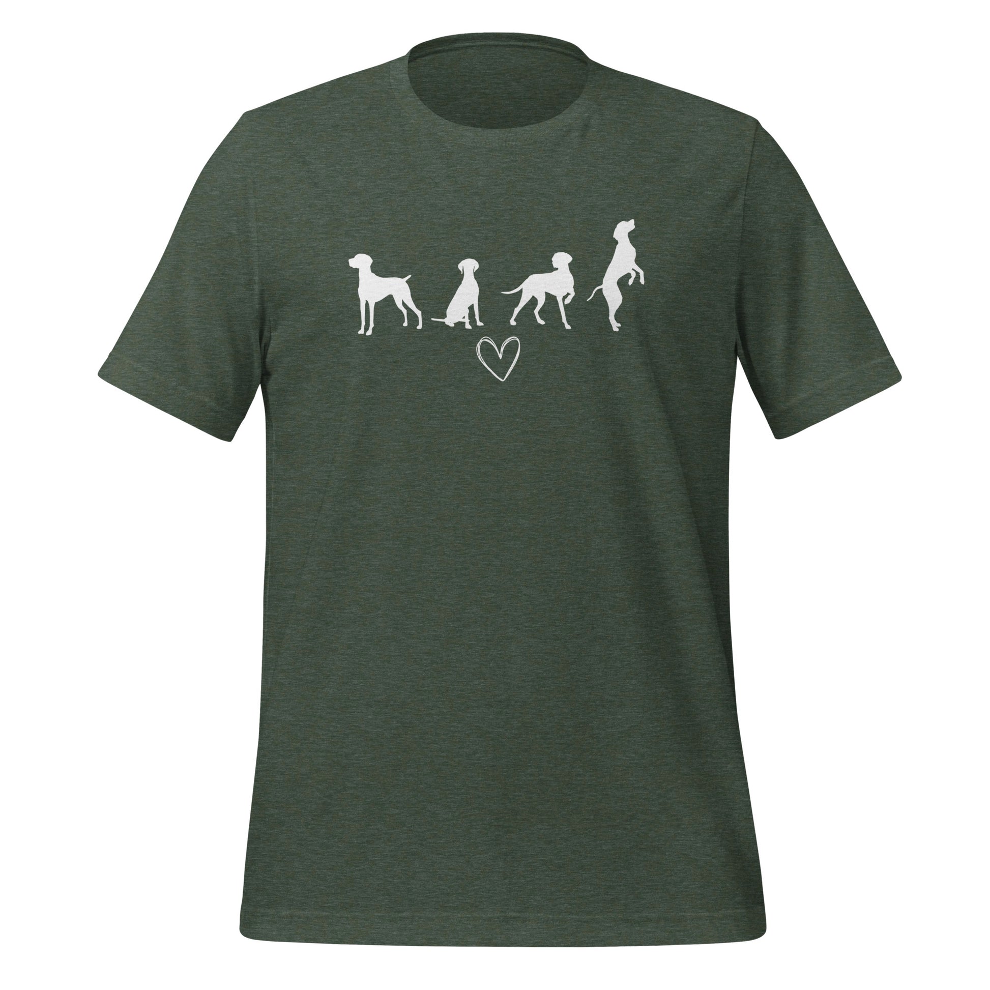 heather forest groen T-shirt met wit silhouet van vier Vizsla-honden en hartje, geschikt voor hondenliefhebbers