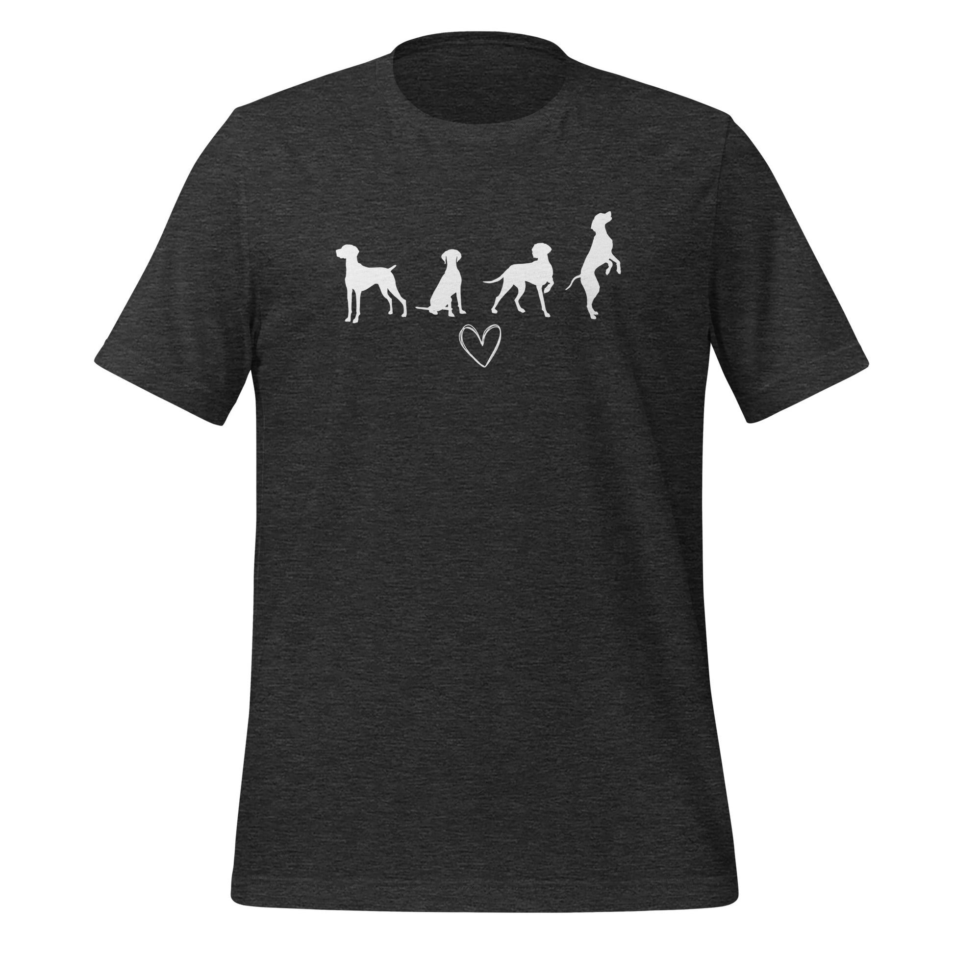 heather donker grijs T-shirt met wit silhouet van vier Vizsla-honden en hartje, geschikt voor hondenliefhebbers