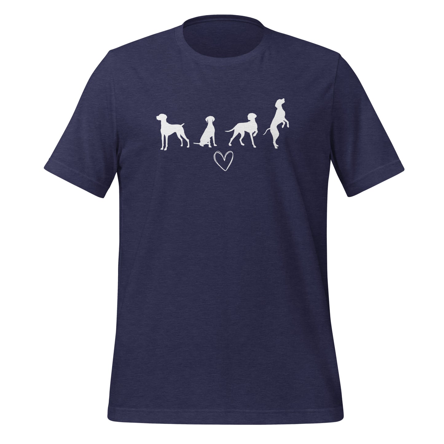 heather blauw T-shirt met wit silhouet van vier Vizsla-honden en hartje, geschikt voor hondenliefhebbers