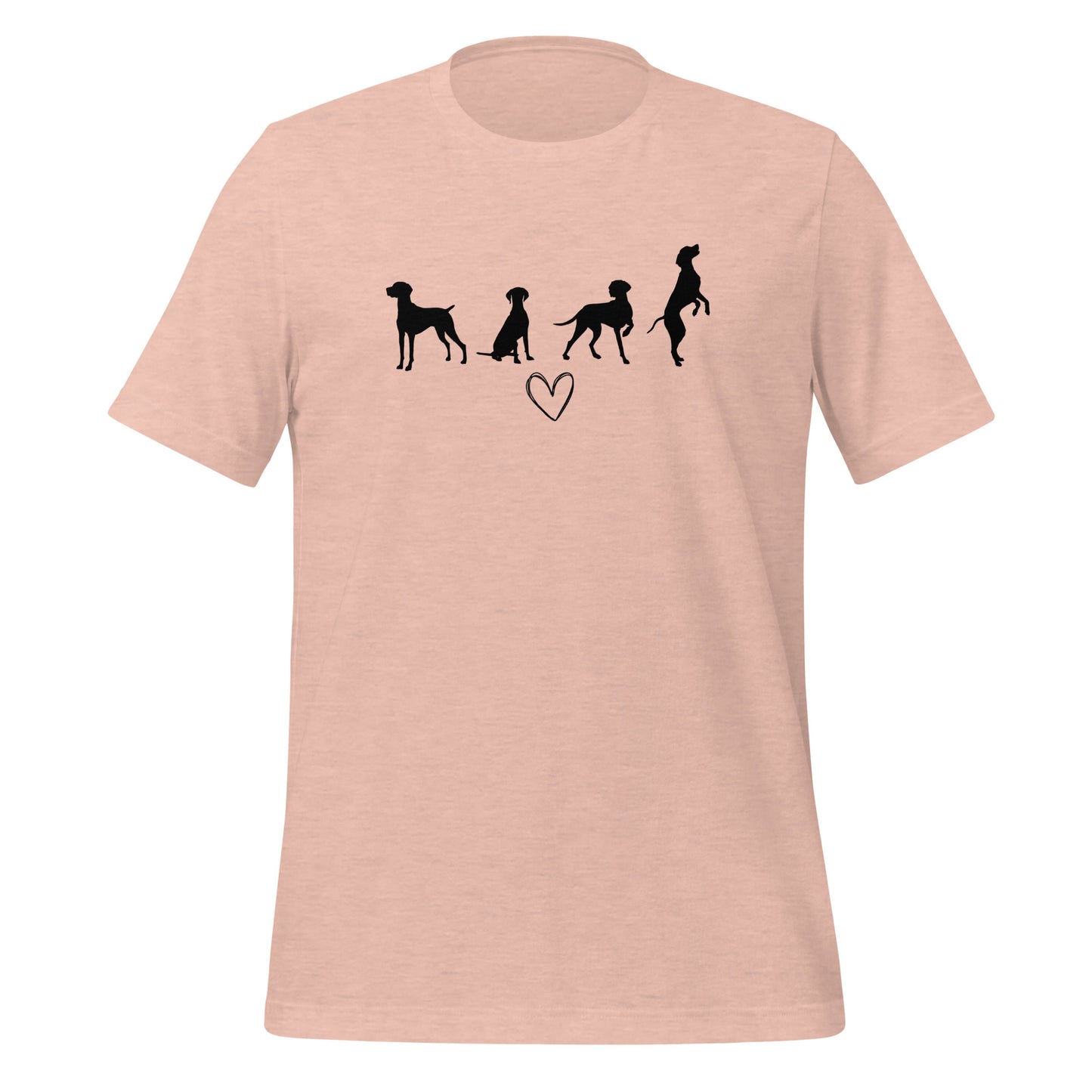 heather prism peach T-shirt met zwart silhouet van vier Vizsla-honden en hartje, geschikt voor hondenliefhebbers