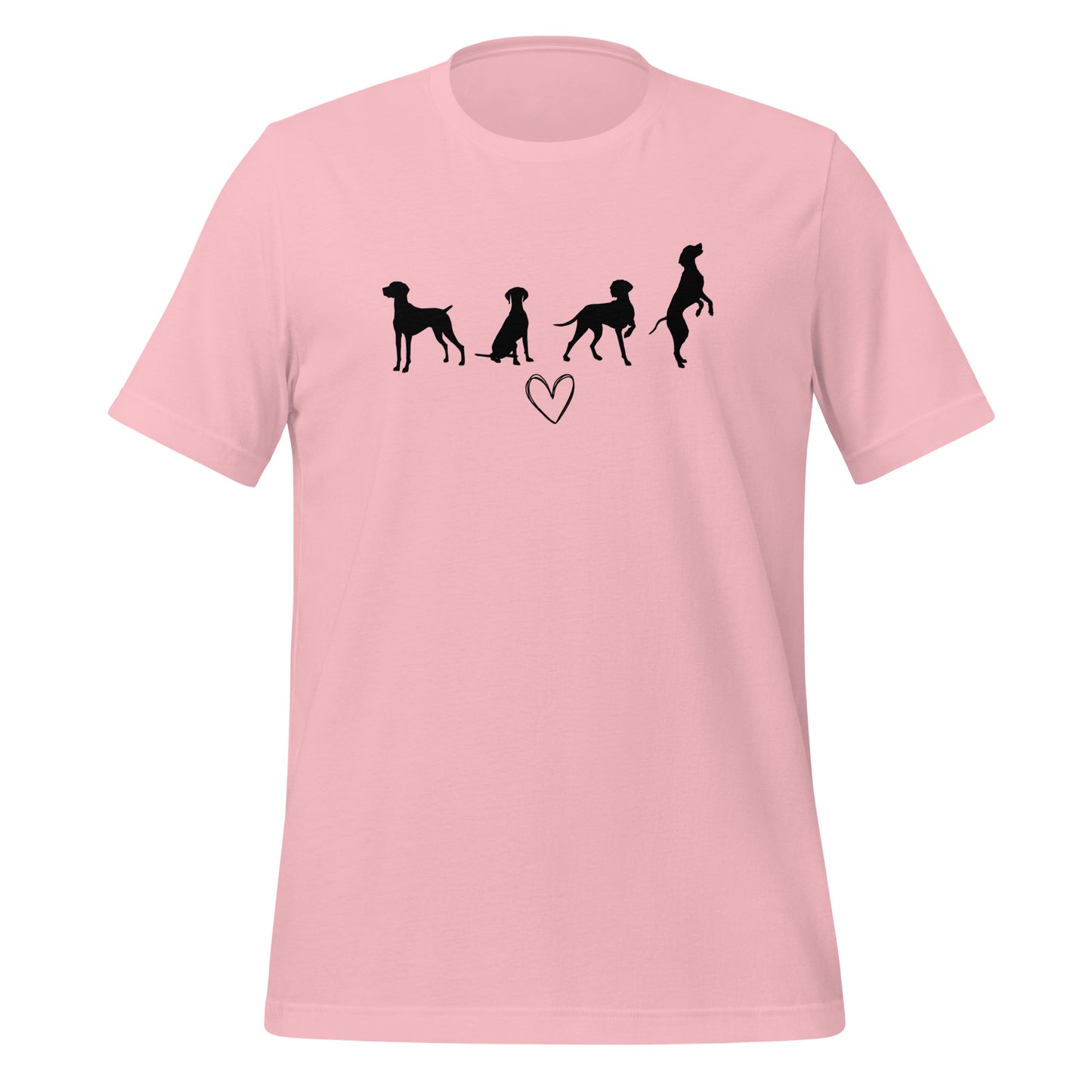 Roze T-shirt met zwart silhouet van vier Vizsla-honden en hartje, geschikt voor hondenliefhebbers