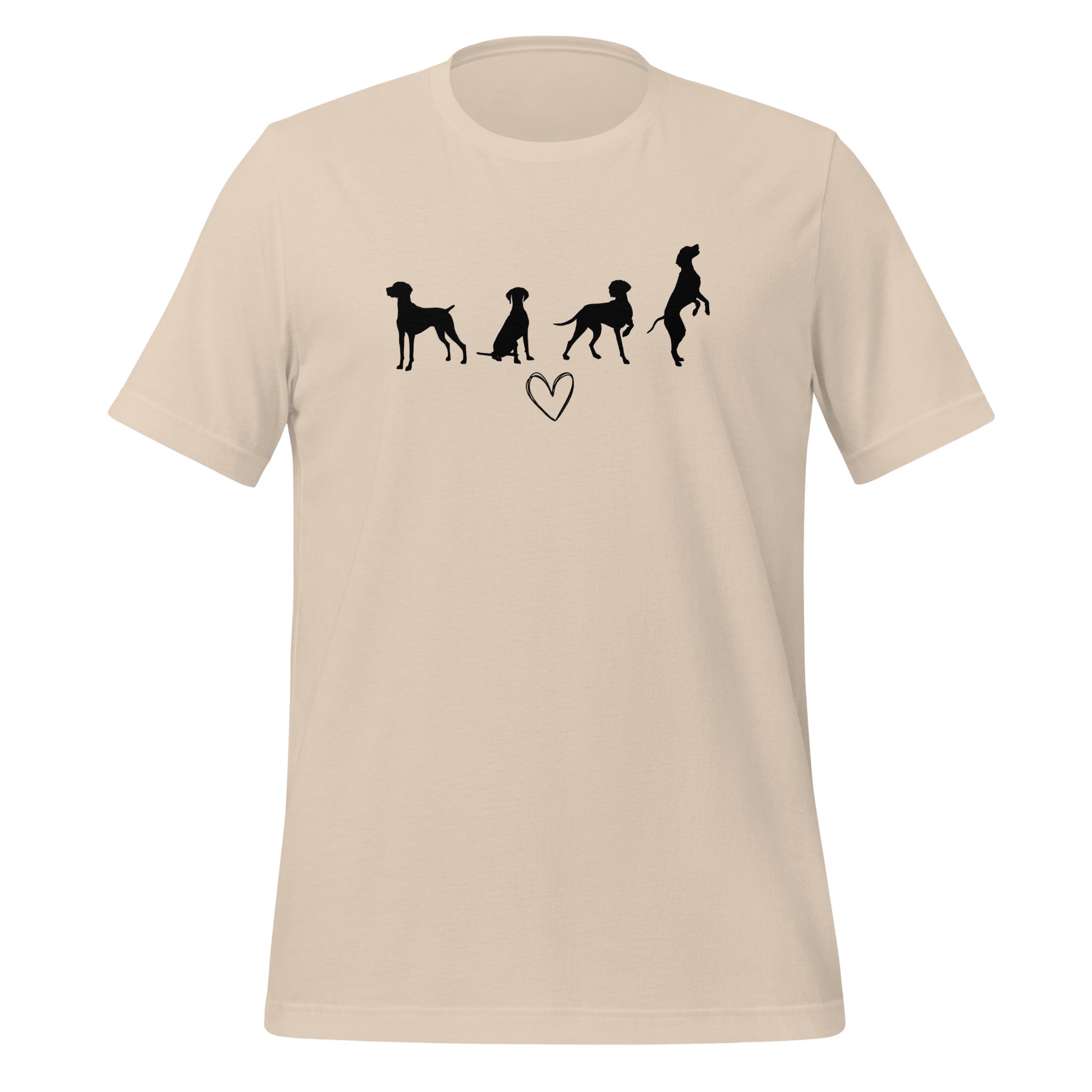 soft cream beige T-shirt met zwart silhouet van vier Vizsla-honden en hartje, geschikt voor hondenliefhebbers
