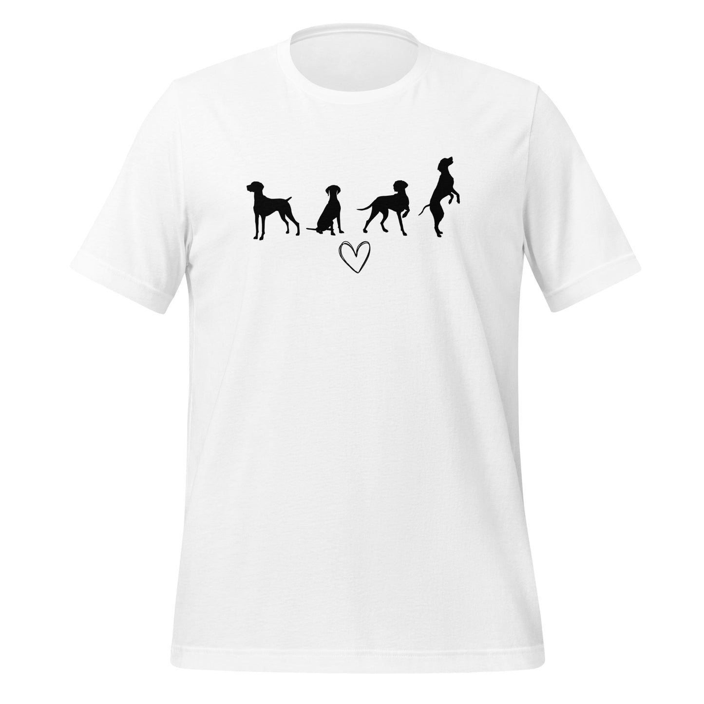 Wit T-shirt met zwart silhouet van vier Vizsla-honden en hartje, geschikt voor hondenliefhebbers