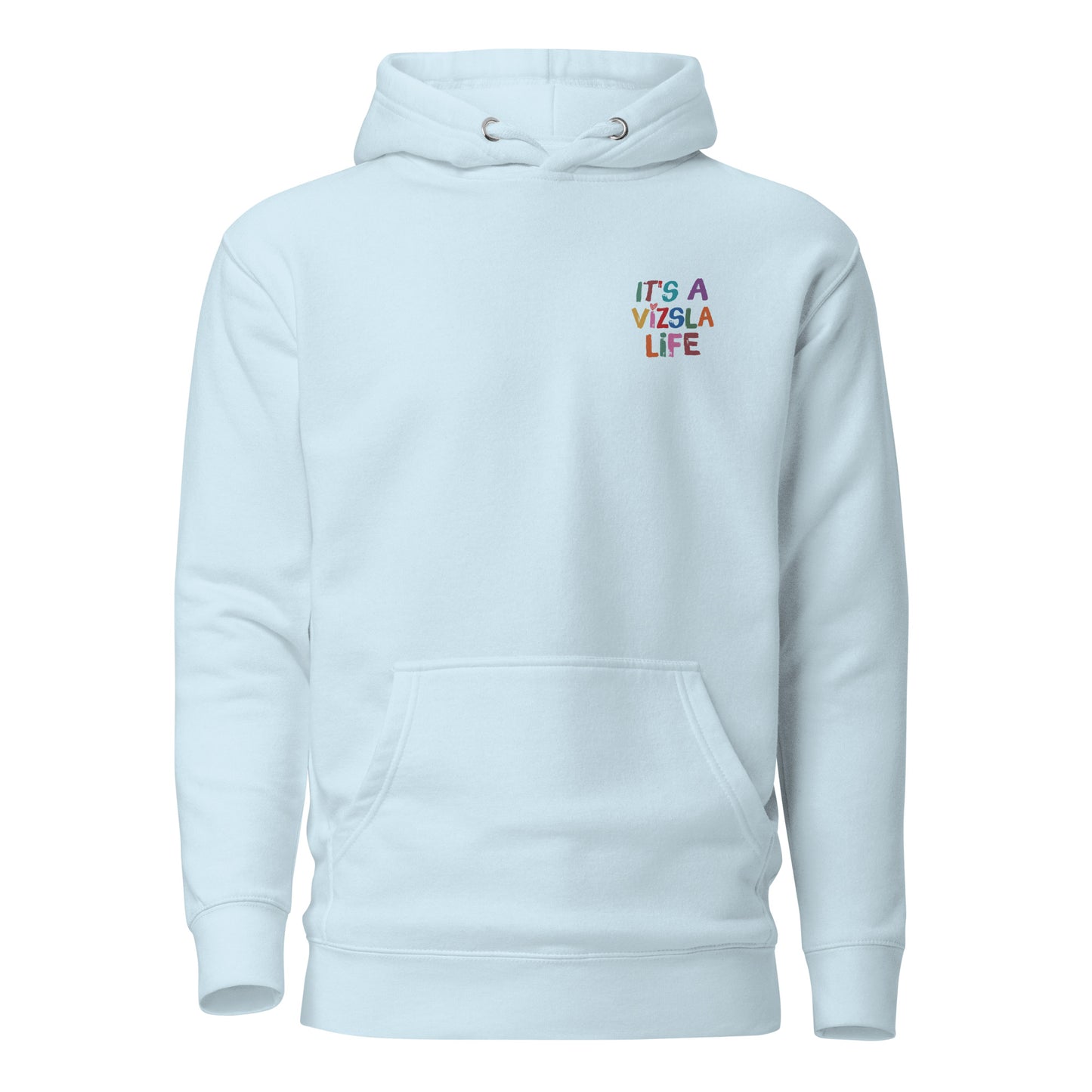 blauwe hoodie met ‘It’s a Vizsla Life’ op de borst – comfortabele trui voor Vizsla liefhebbers.