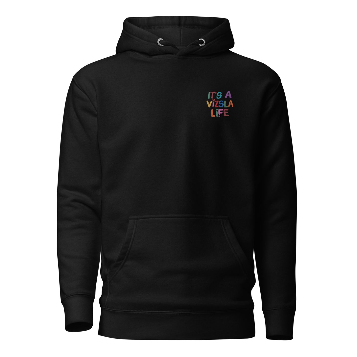 zwarte hoodie trui met ‘It’s a Vizsla Life’ op de borst – comfortabele trui voor Vizsla liefhebbers.