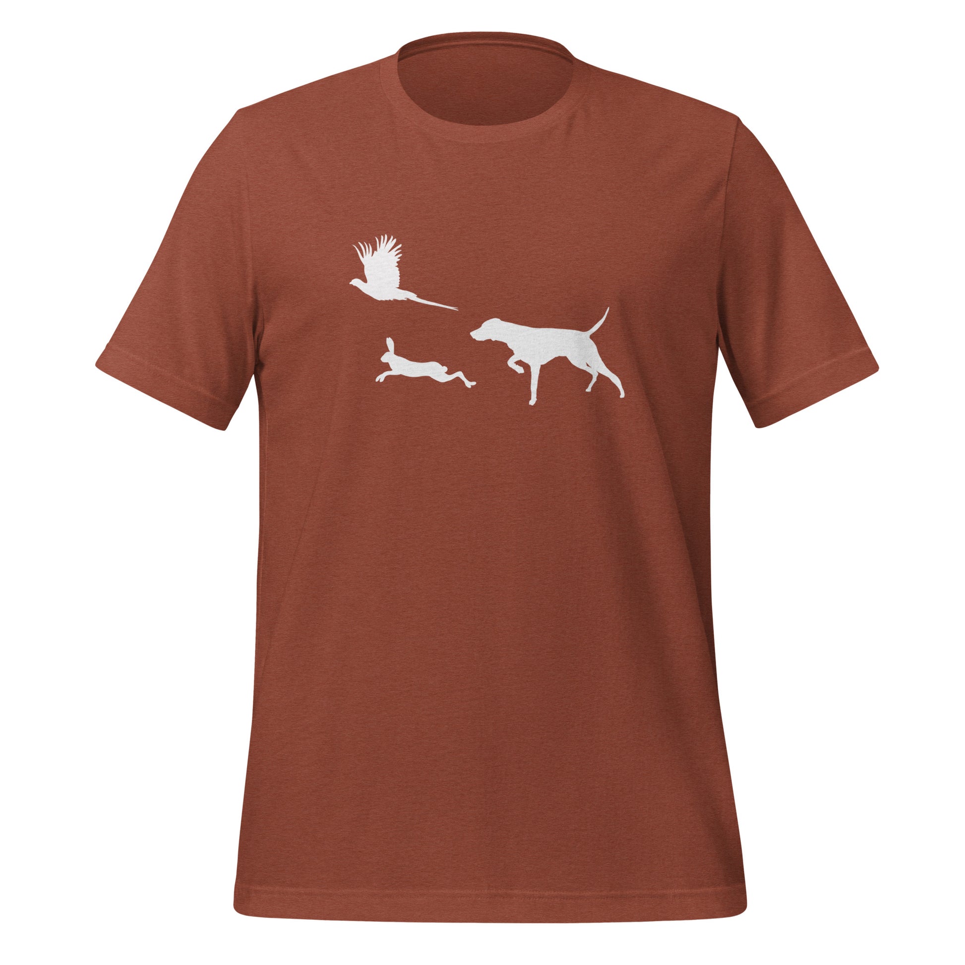 klei bruin t-shirt met vizsla in voorststaande houding, haas en fazant – stijlvol shirt voor jachthondenliefhebbers