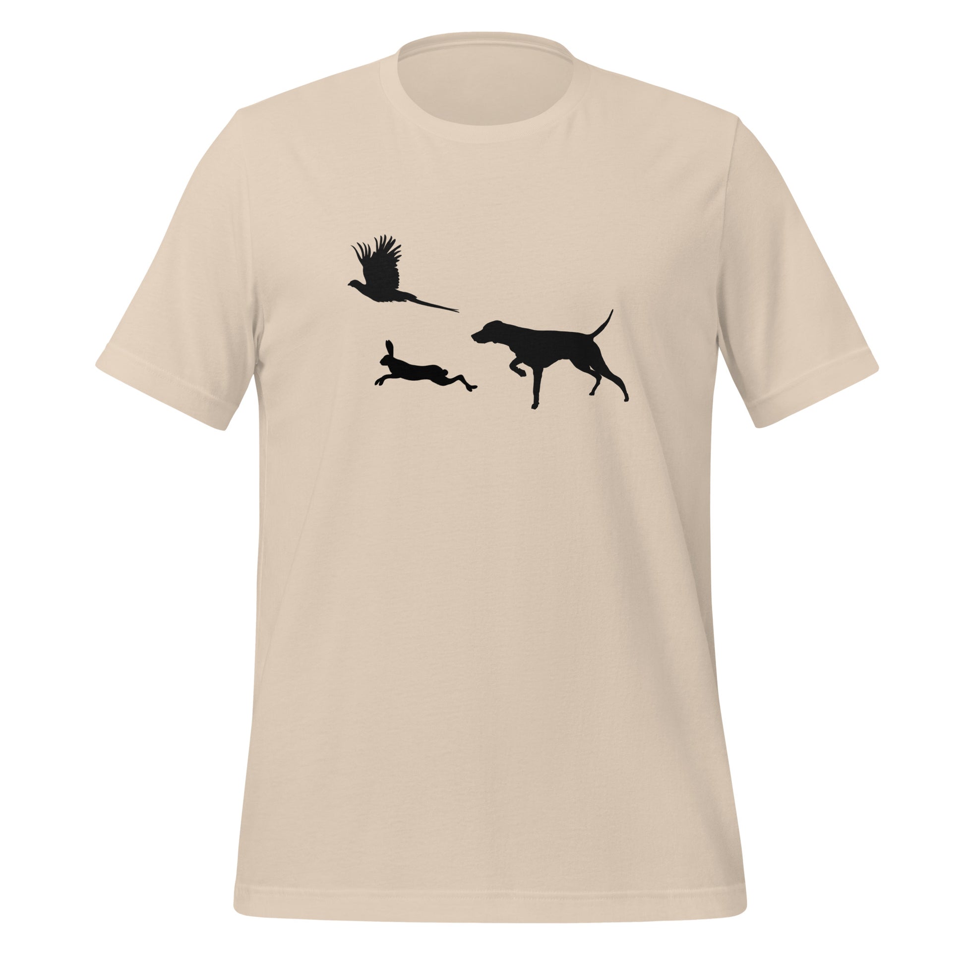 soft cream beige t-shirt met vizsla in voorststaande houding, haas en fazant – stijlvol shirt voor jachthondenliefhebbers