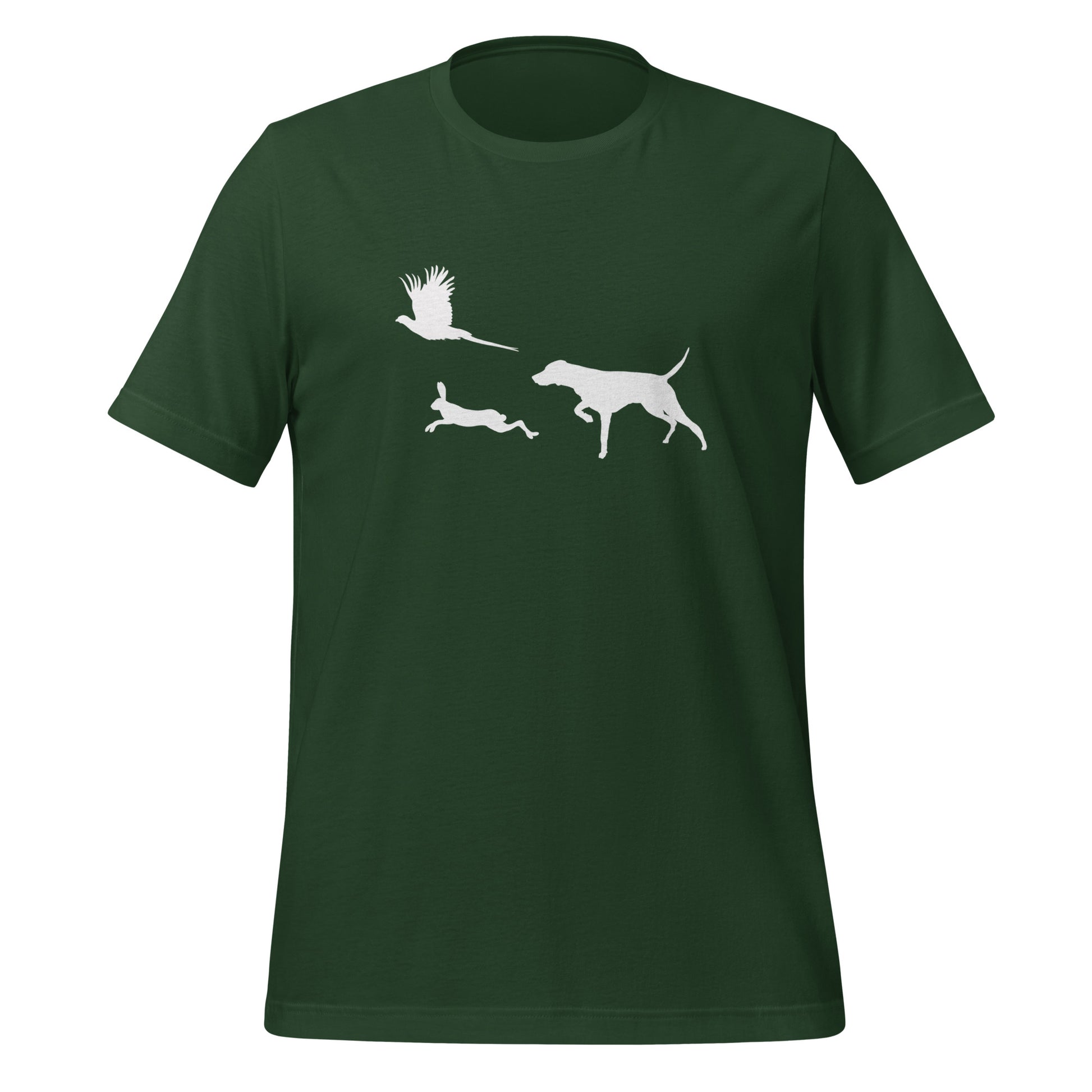 groen t-shirt met vizsla in voorststaande houding, haas en fazant – stijlvol shirt voor jachthondenliefhebbers