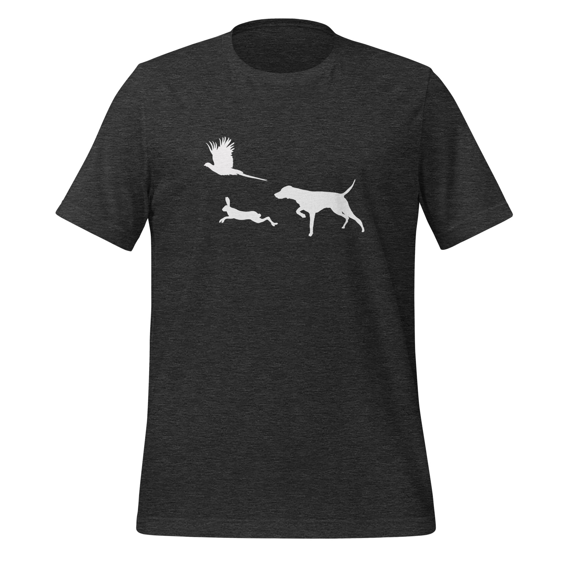 heather grijs t-shirt met vizsla in voorststaande houding, haas en fazant – stijlvol shirt voor jachthondenliefhebbers