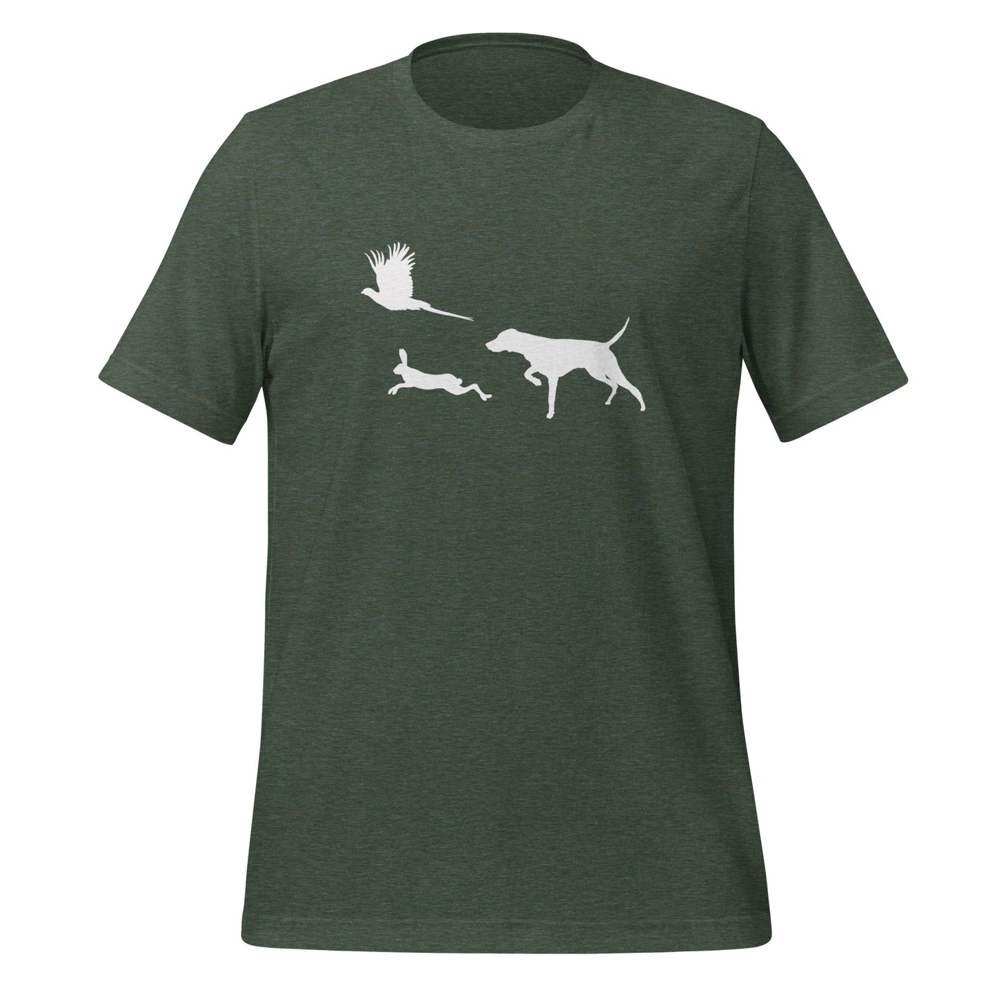 heather groen t-shirt met vizsla in voorststaande houding, haas en fazant – stijlvol shirt voor jachthondenliefhebbers