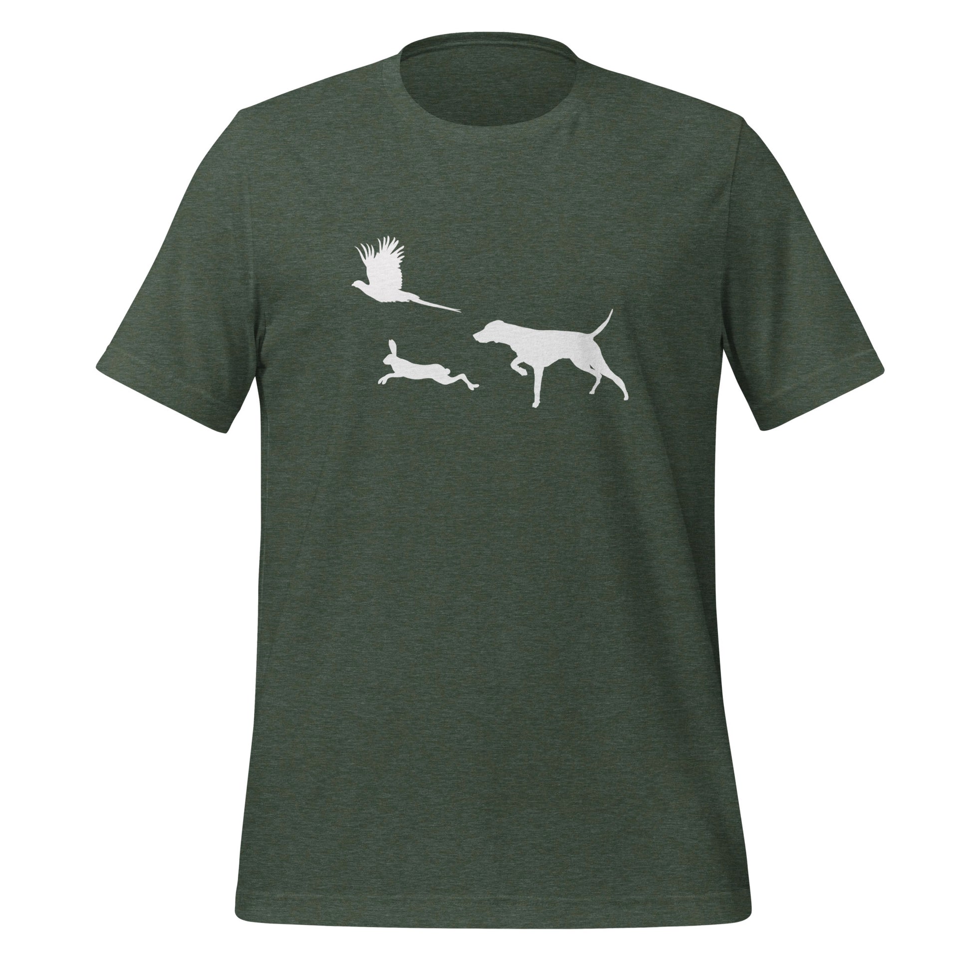 heather groen t-shirt met vizsla in voorststaande houding, haas en fazant – stijlvol shirt voor jachthondenliefhebbers