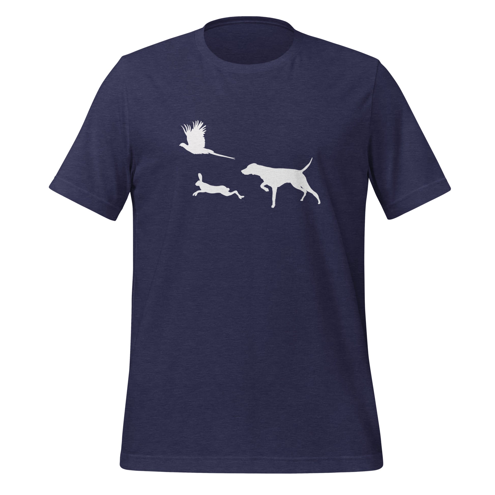 heather blauw t-shirt met vizsla in voorststaande houding, haas en fazant – stijlvol shirt voor jachthondenliefhebbers