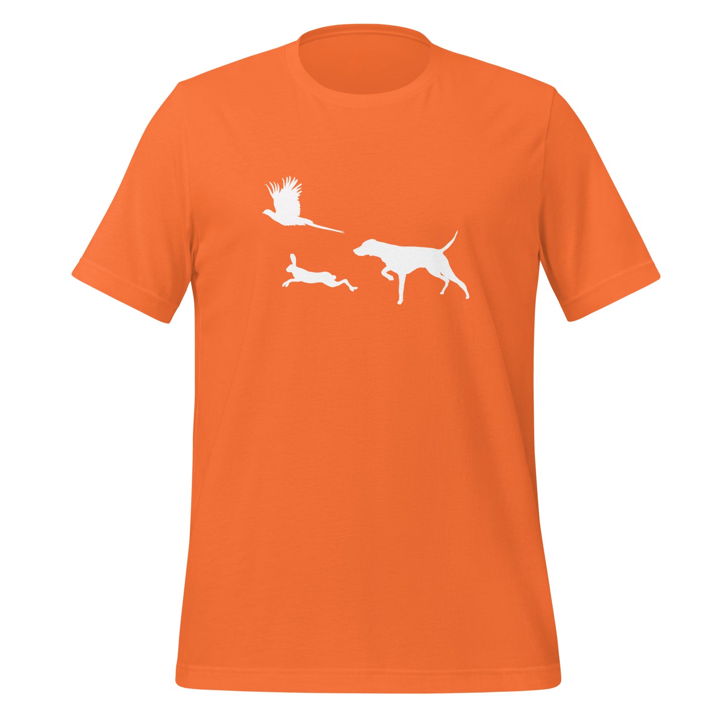 jacht oranje t-shirt met vizsla in voorststaande houding, haas en fazant – stijlvol shirt voor jachthondenliefhebbers