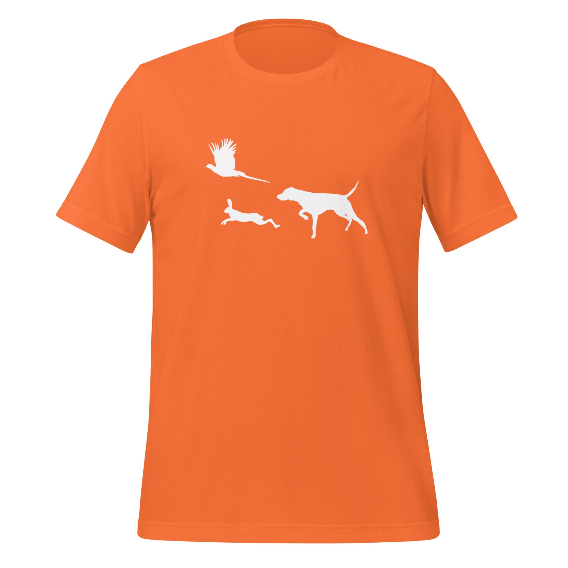 jacht oranje t-shirt met vizsla in voorststaande houding, haas en fazant – stijlvol shirt voor jachthondenliefhebbers