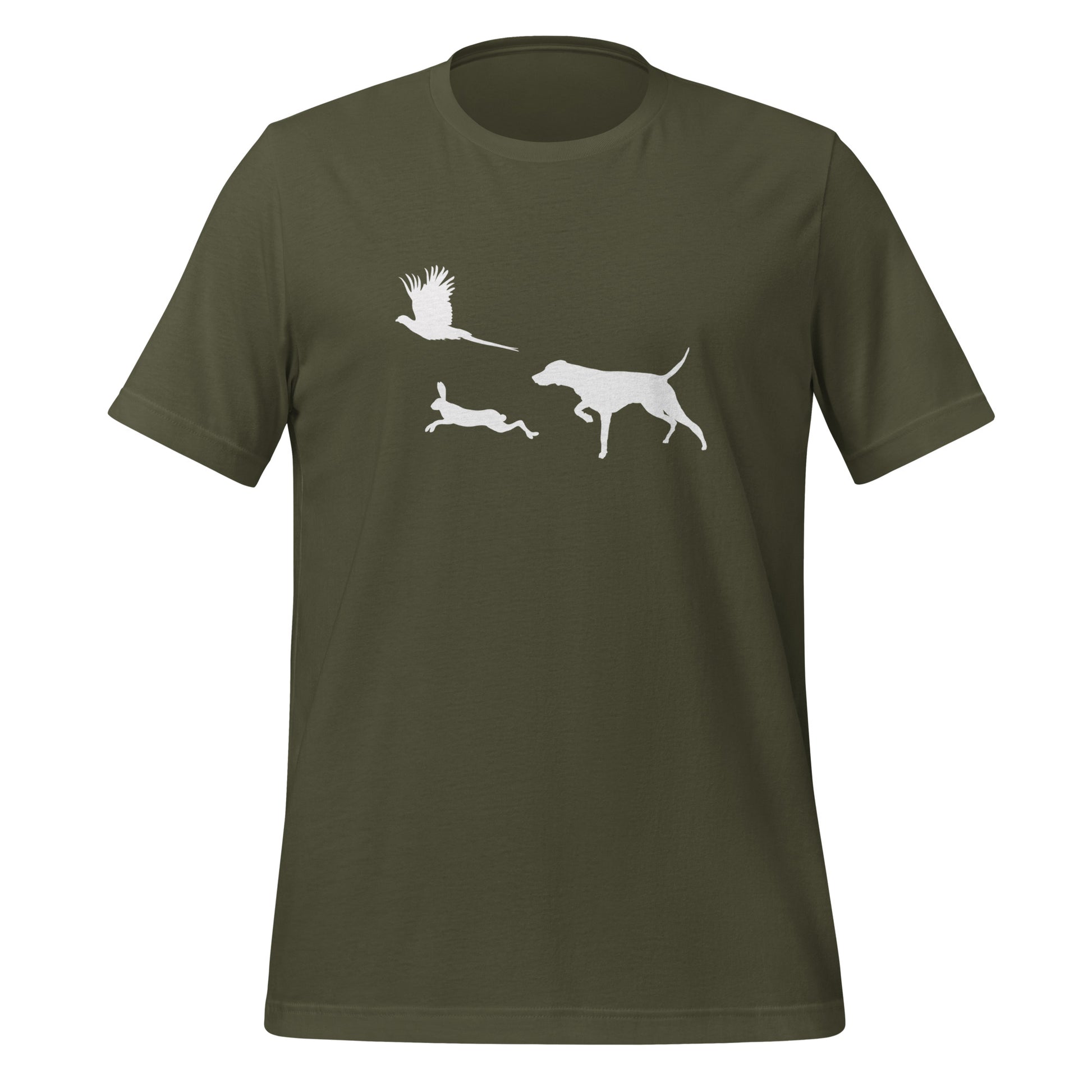 leger groen t-shirt met vizsla in voorststaande houding, haas en fazant – stijlvol shirt voor jachthondenliefhebbers