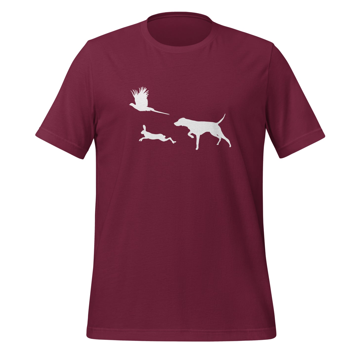 marroon t-shirt met vizsla in voorststaande houding, haas en fazant – stijlvol shirt voor jachthondenliefhebbers