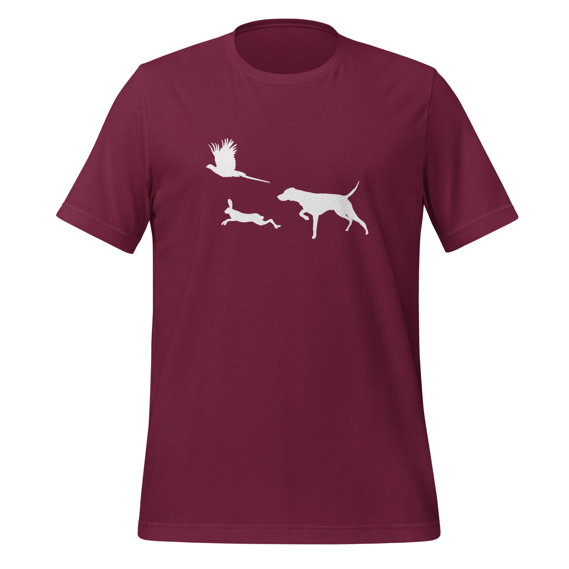 marroon t-shirt met vizsla in voorststaande houding, haas en fazant – stijlvol shirt voor jachthondenliefhebbers