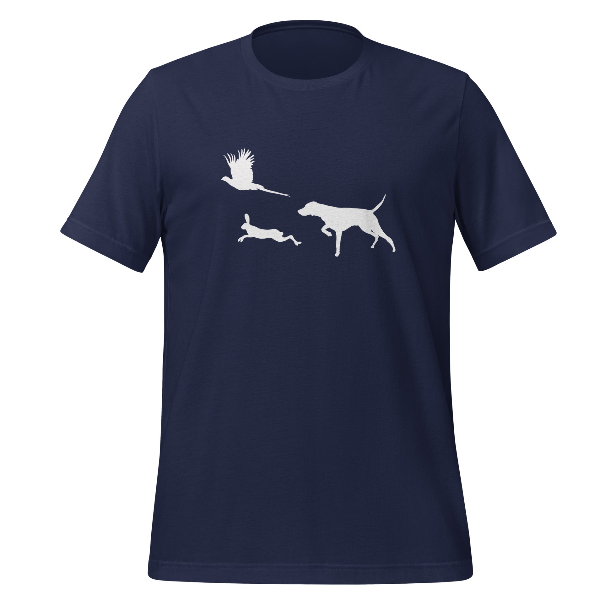 navy blauw t-shirt met vizsla in voorststaande houding, haas en fazant – stijlvol shirt voor jachthondenliefhebbers