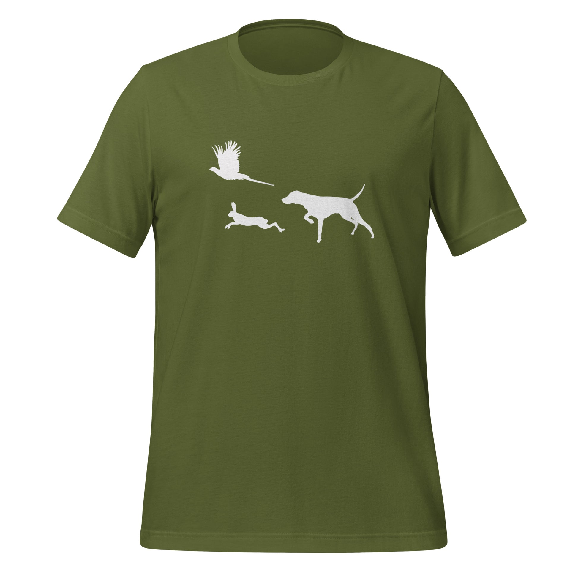 olijf groen t-shirt met vizsla in voorststaande houding, haas en fazant – stijlvol shirt voor jachthondenliefhebbers