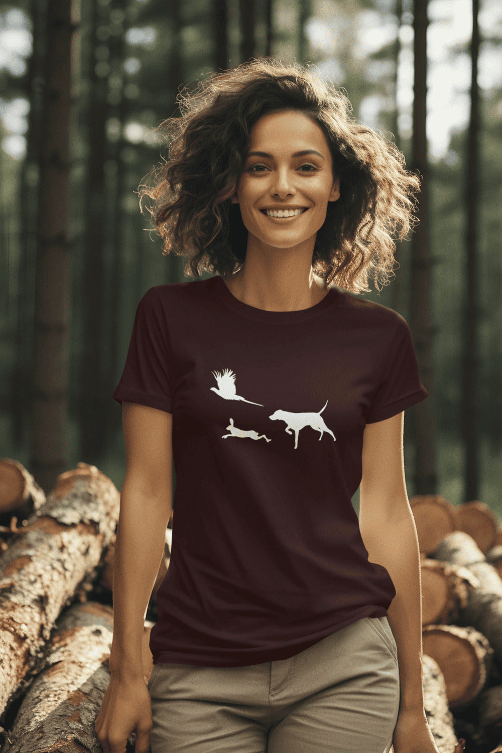 Vrouw in bruin T-shirt met Vizsla in voorststaande houding, haas en fazant – stijlvol shirt voor jachthondenliefhebbers