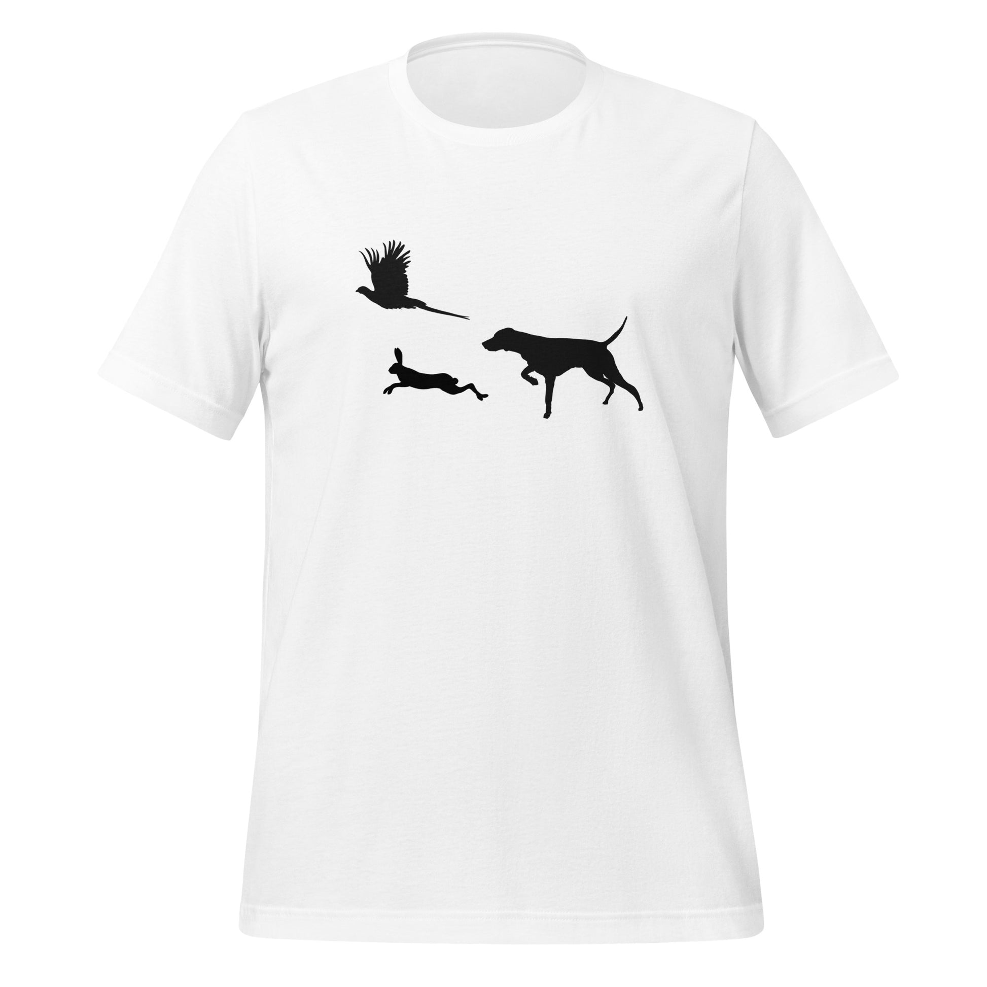 wit t-shirt met vizsla in voorststaande houding, haas en fazant – stijlvol shirt voor jachthondenliefhebbers