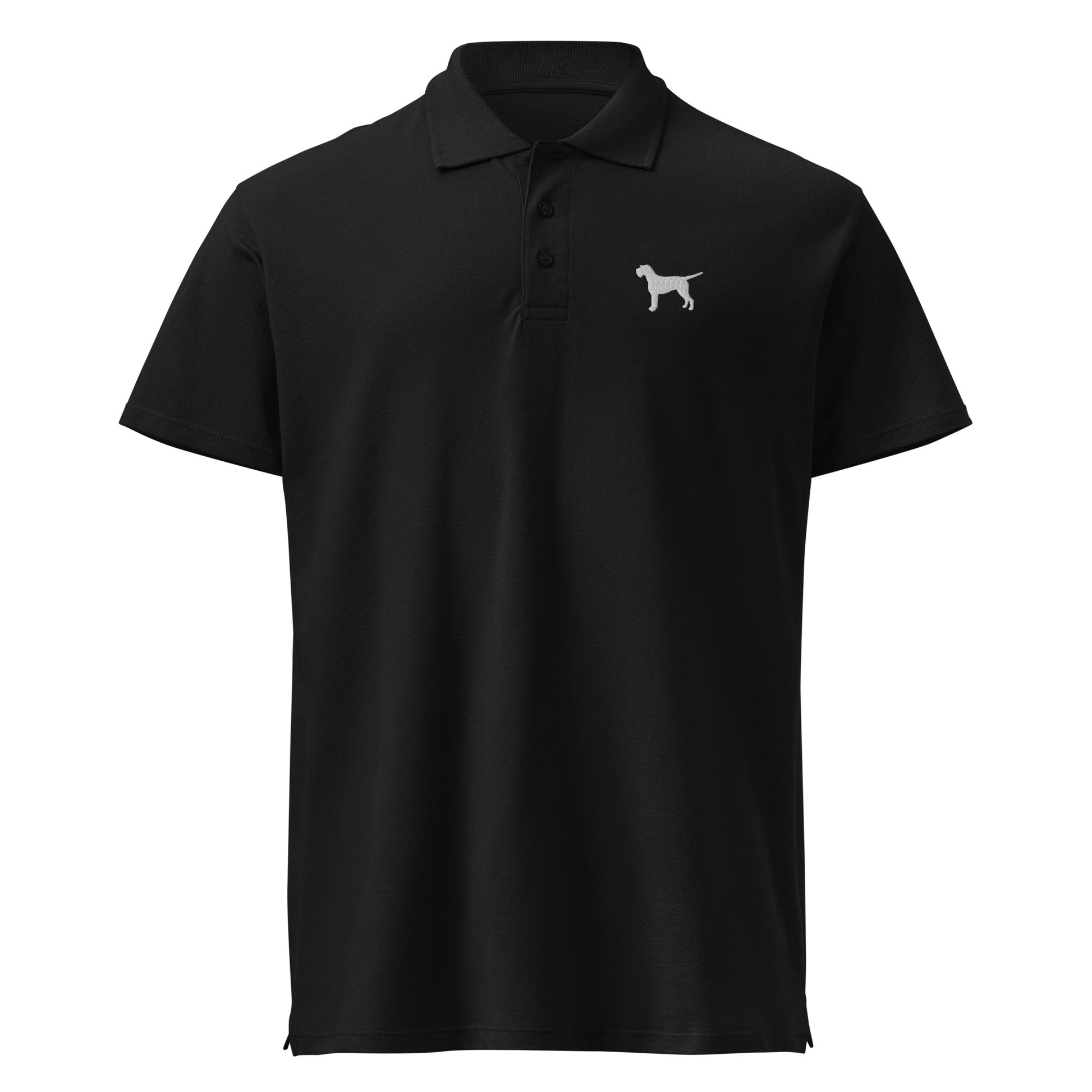 zwarte unisex polo met zilver grijze geborduurde duitse staande draadhaar op de borst – jachthondenstijl met een premium uitstraling.