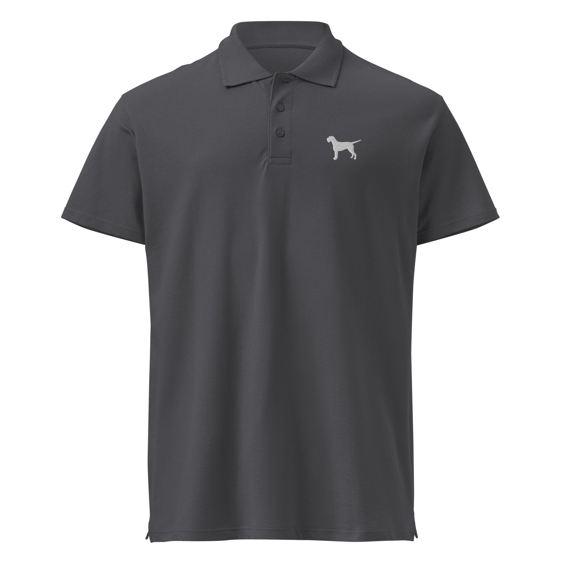 Grijze unisex polo met zilver grijze geborduurde duitse staande draadhaar op de borst – jachthondenstijl met een premium uitstraling.